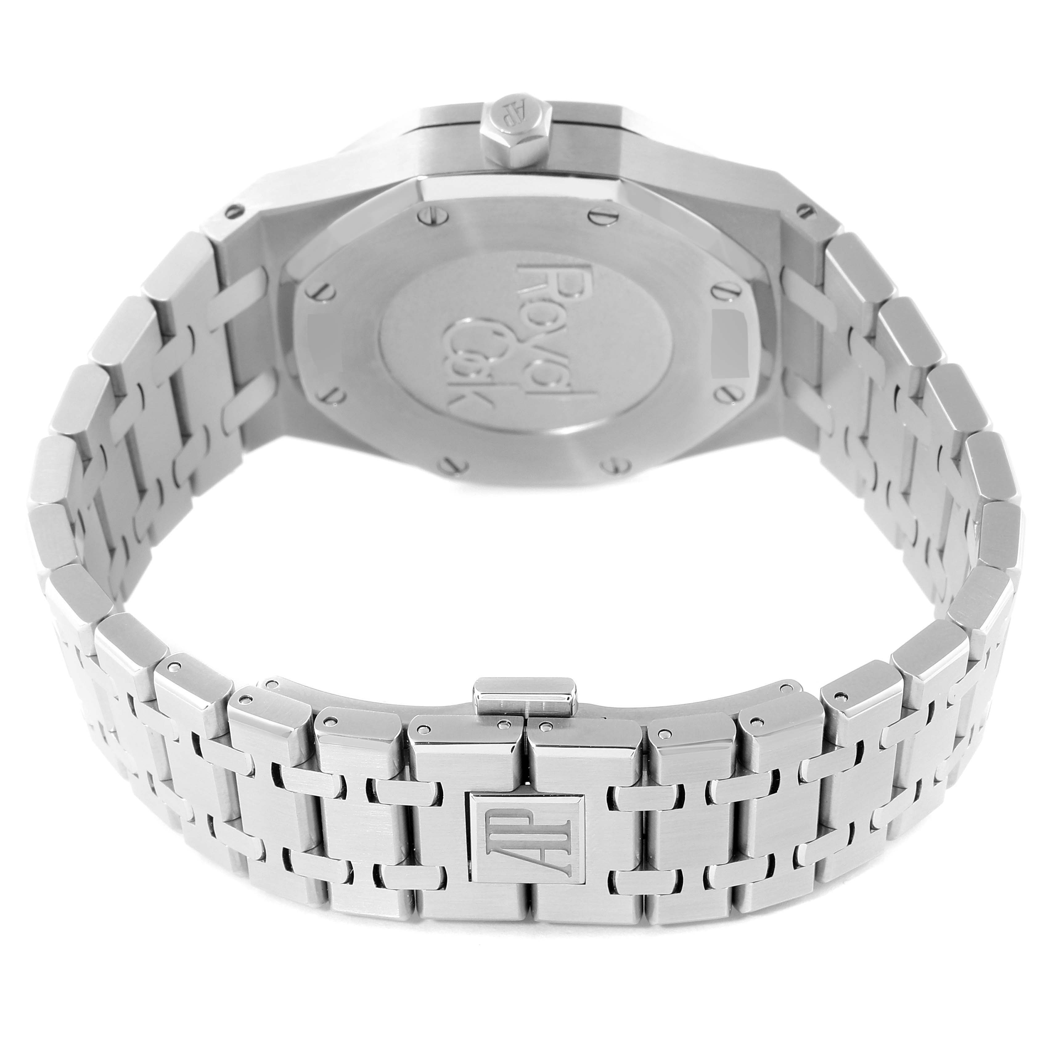This image shows the back of an Audemars Piguet Royal Oak 26120ST.OO.1220ST.01 Men's Stainless Steel Silver Dial 26120ST.OO.1220ST.01 Men's Stainless Steel Silver Dial watch, highlighting its caseback, bracelet, and clasp.
