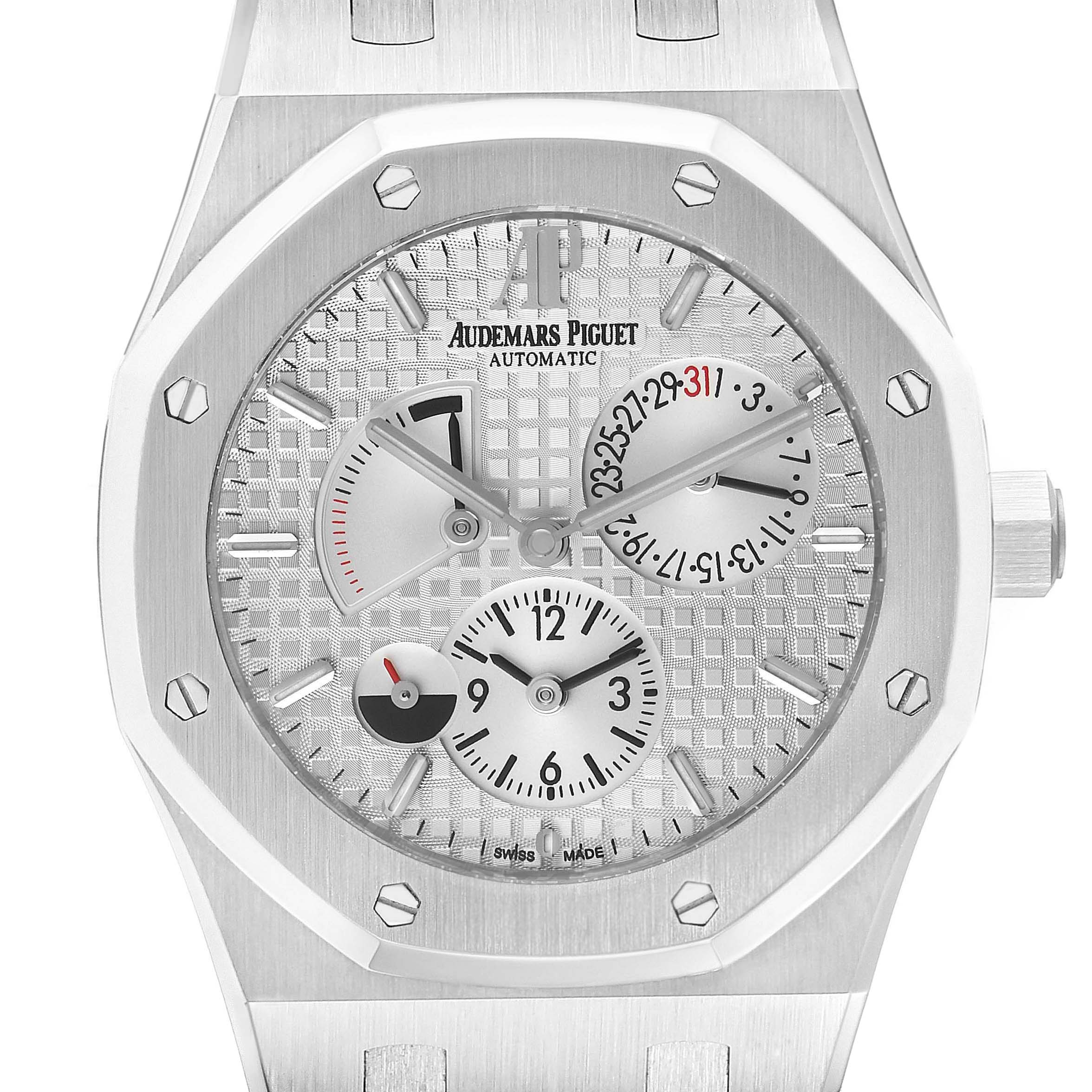 This image shows a close-up, front-facing view of the Audemars Piguet Royal Oak 26120ST.OO.1220ST.01 Men's Stainless Steel Silver Dial 26120ST.OO.1220ST.01 Men's Stainless Steel Silver Dial watch dial and bezel.