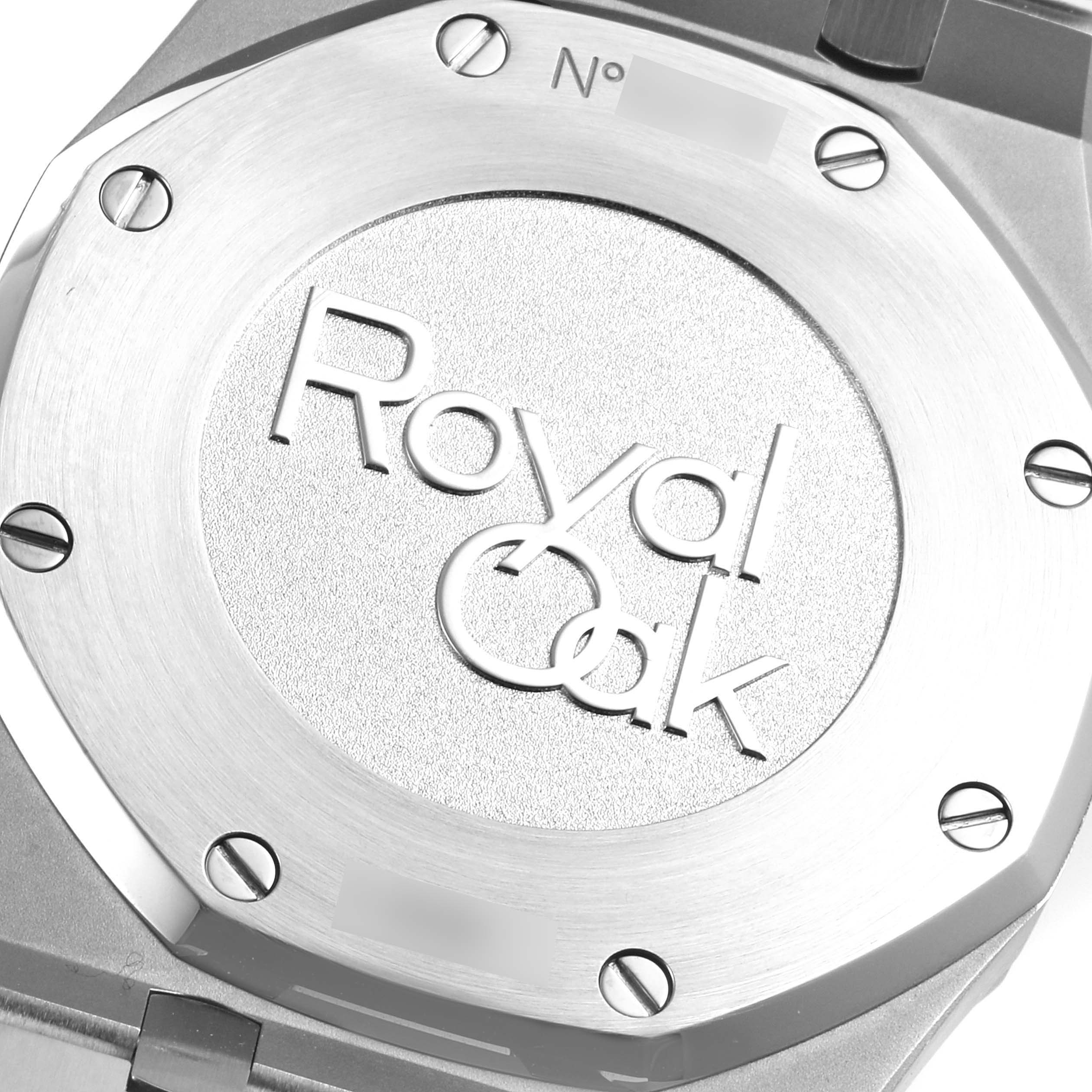 The image shows a close-up of the back case of an Audemars Piguet Royal Oak 26120ST.OO.1220ST.01 Men's Stainless Steel Silver Dial 26120ST.OO.1220ST.01 Men's Stainless Steel Silver Dial watch.