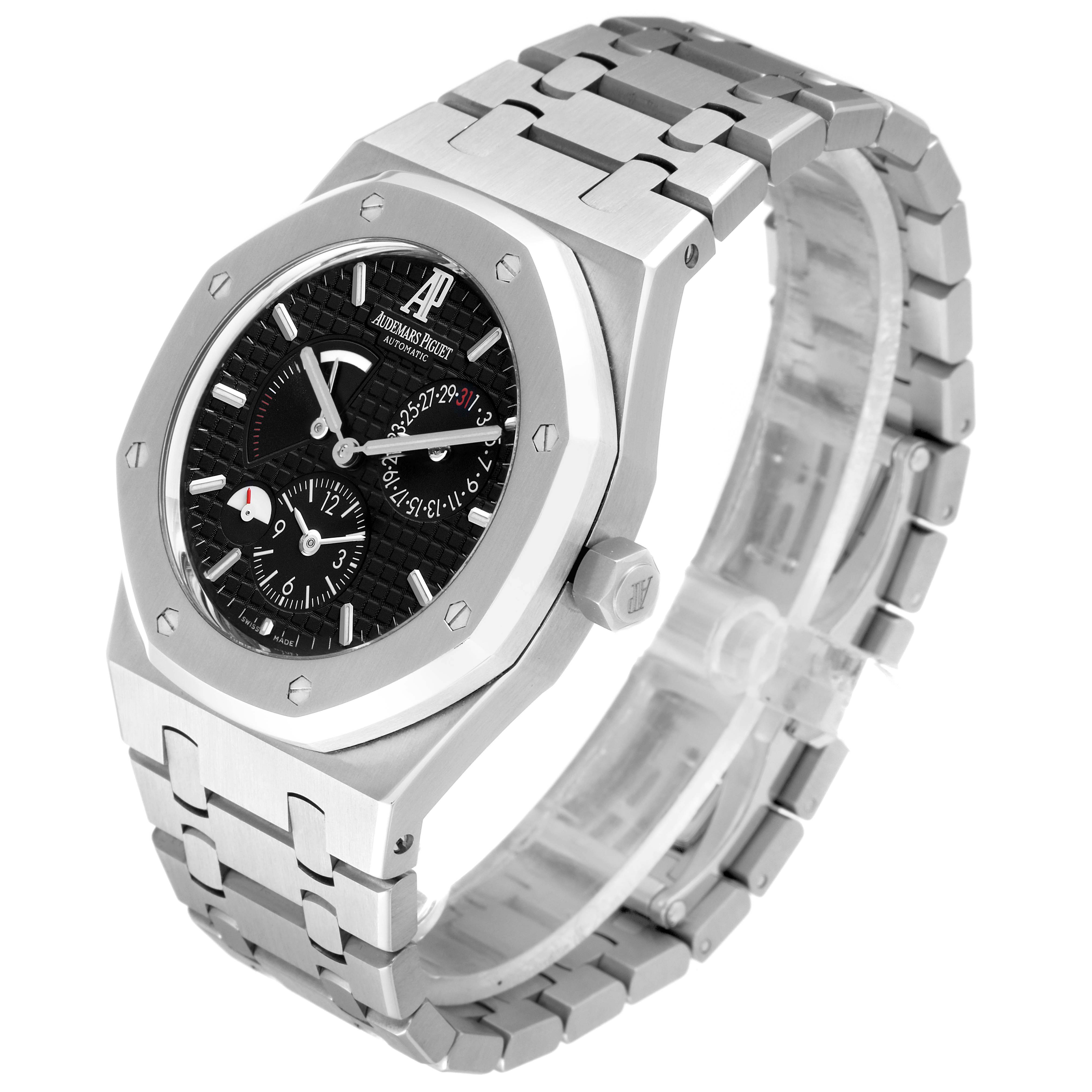 This image shows an Audemars Piguet Royal Oak 26120ST.00.1220ST.03 Men's Stainless Steel Black Dial 26120ST.00.1220ST.03 Men's Stainless Steel Black Dial watch from an angled side view, showcasing its octagonal bezel, dial, and bracelet.