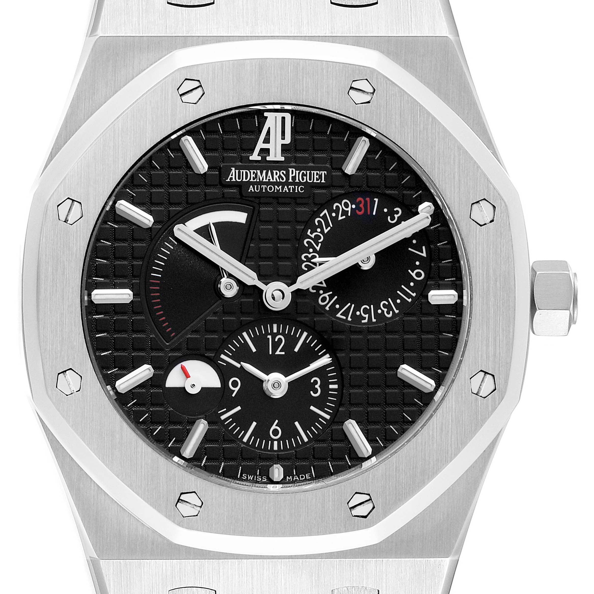 The image shows a front view of the Audemars Piguet Royal Oak 26120ST.00.1220ST.03 Men's Stainless Steel Black Dial 26120ST.00.1220ST.03 Men's Stainless Steel Black Dial watch, highlighting its black dial and subdials.