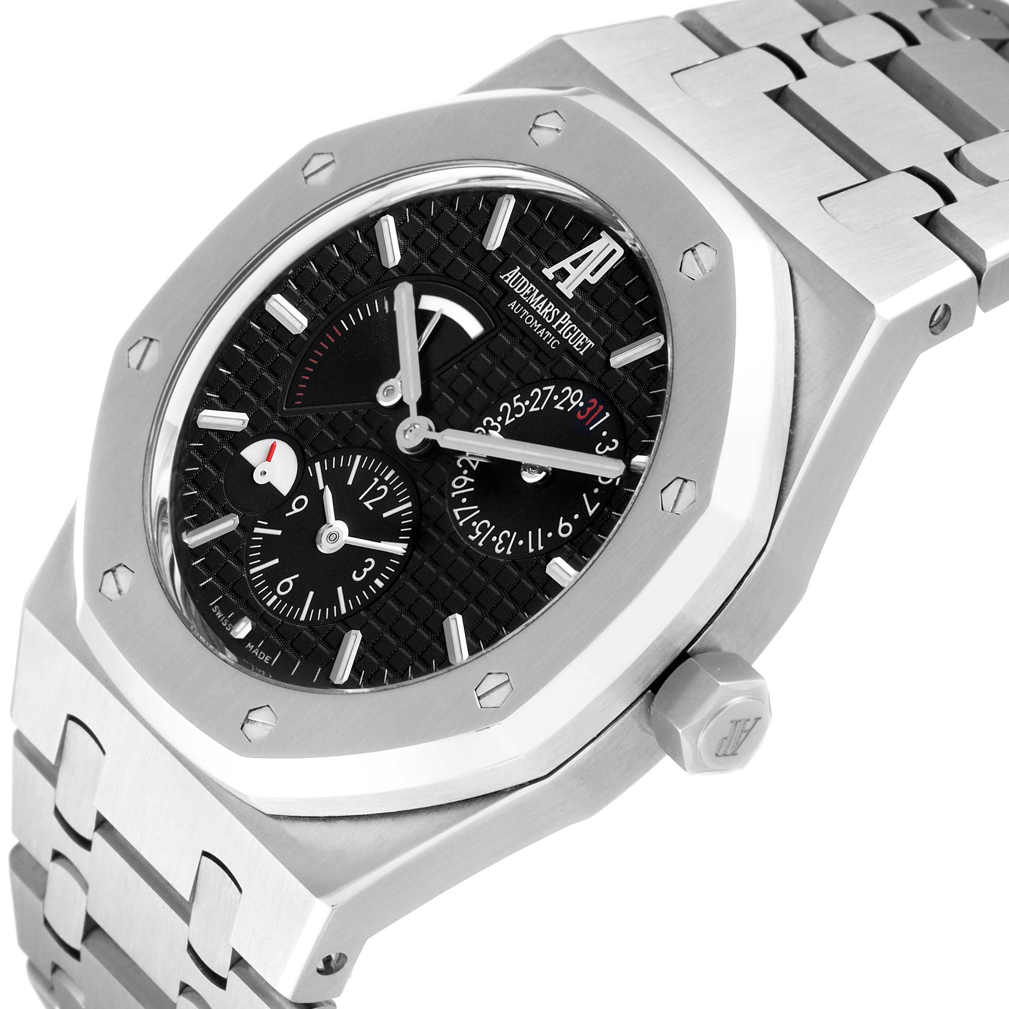 The Audemars Piguet Royal Oak 26120ST.00.1220ST.03 Men's Stainless Steel Black Dial 26120ST.00.1220ST.03 Men's Stainless Steel Black Dial watch is shown from an angle highlighting the black dial with subdials, date display, and stainless steel bracelet.