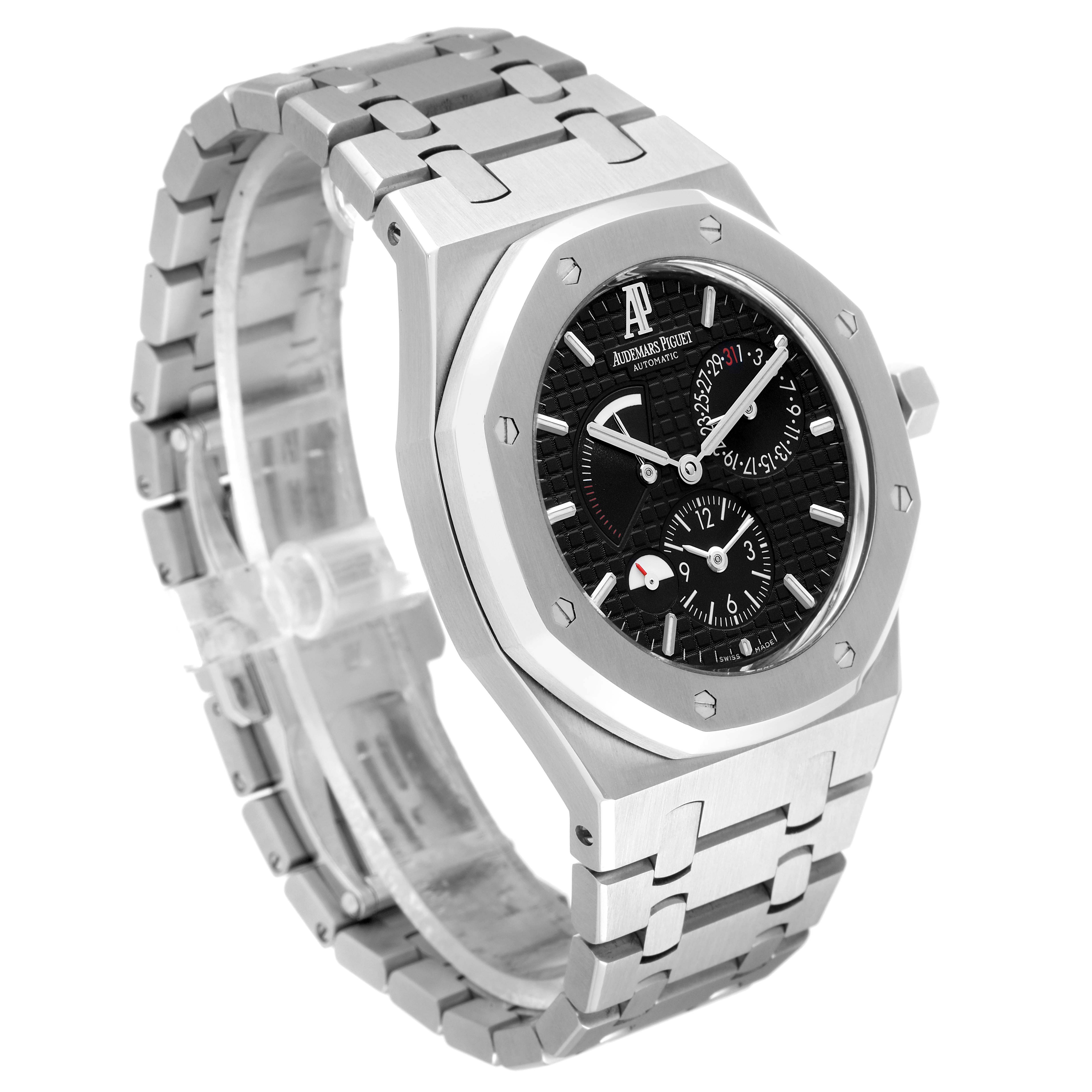 The image shows the Audemars Piguet Royal Oak 26120ST.00.1220ST.03 Men's Stainless Steel Black Dial 26120ST.00.1220ST.03 Men's Stainless Steel Black Dial watch at a three-quarter angle, highlighting the face, bezel, and metal bracelet.