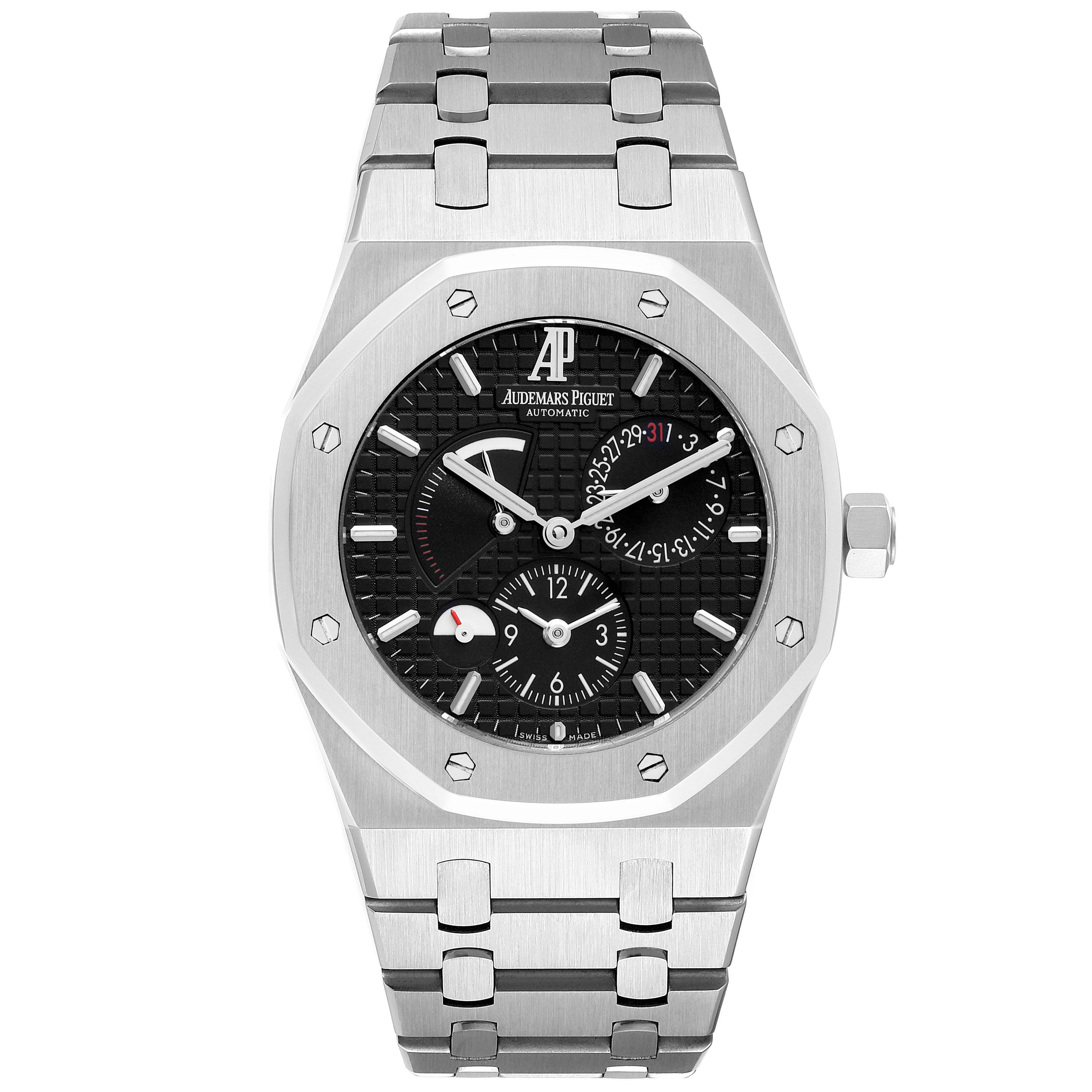 The Audemars Piguet Royal Oak 26120ST.00.1220ST.03 Men's Stainless Steel Black Dial 26120ST.00.1220ST.03 Men's Stainless Steel Black Dial watch is shown from a frontal angle, highlighting its octagonal bezel, black dial, and steel bracelet.