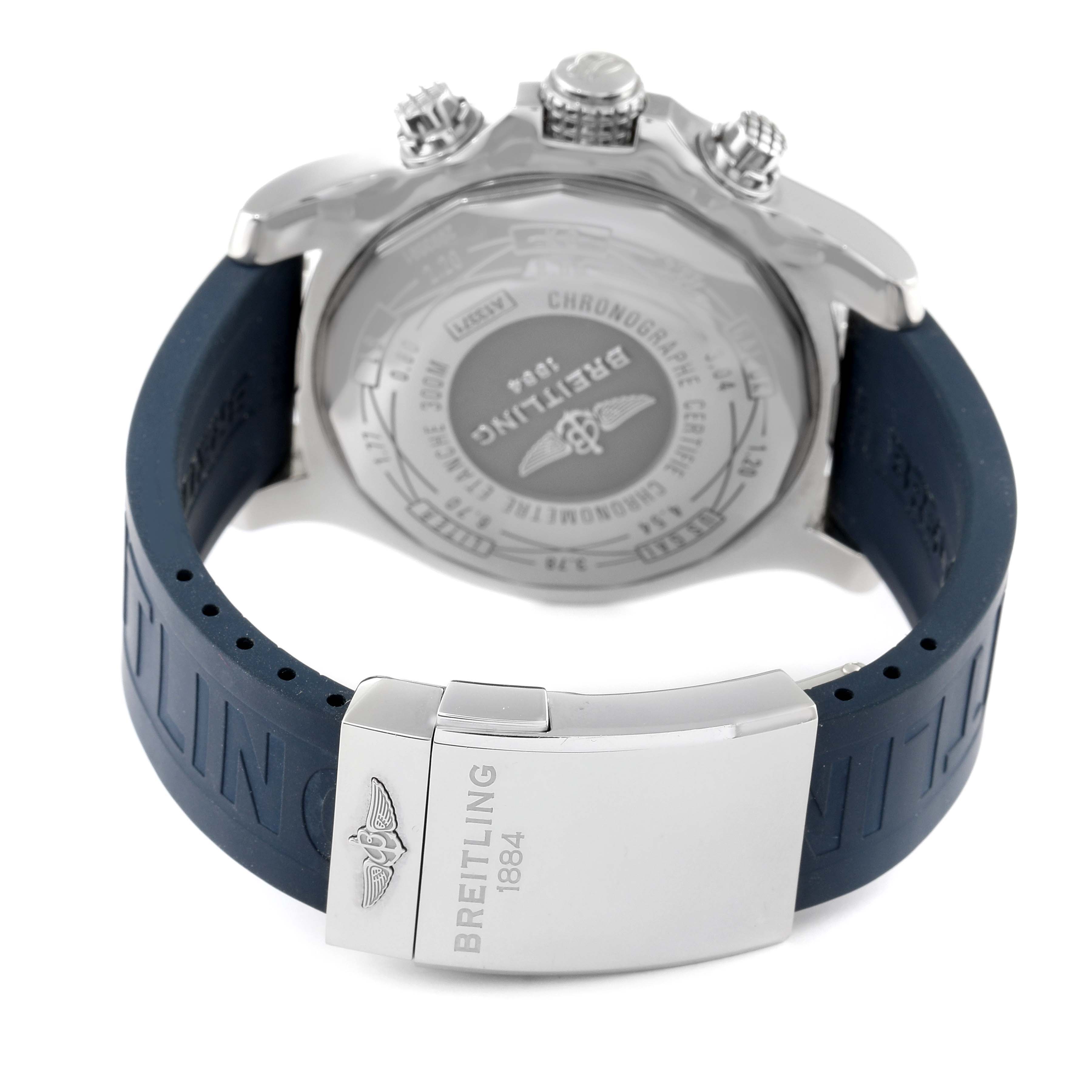 The image shows the back case, clasp, and rubber strap of a Breitling Avenger A13371 Men's Stainless Steel Blue Dial A13371 Men's Stainless Steel Blue Dial watch from a rear angle.