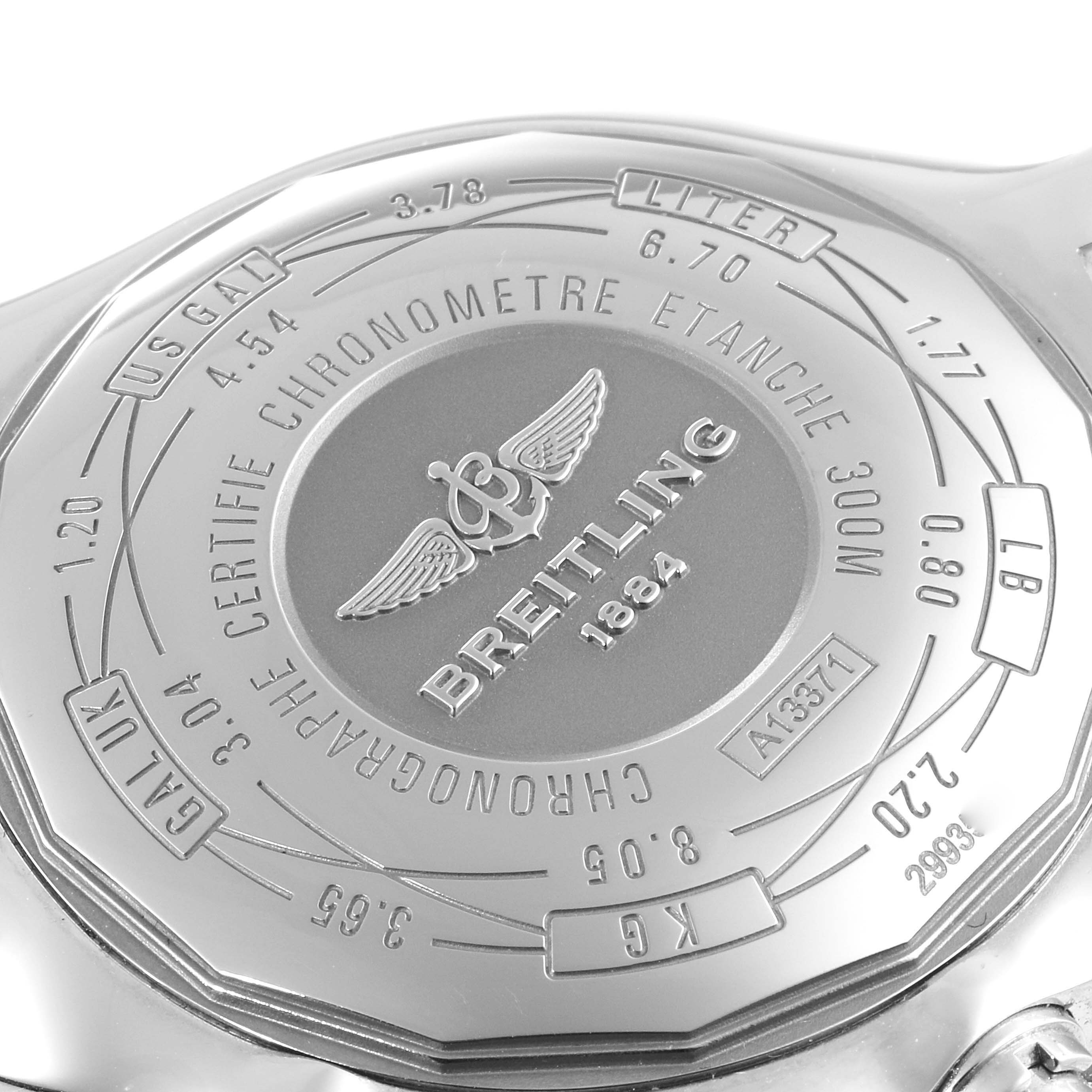 This image shows the case back of a Breitling Avenger A13371 Men's Stainless Steel Blue Dial A13371 Men's Stainless Steel Blue Dial watch, featuring engravings and the brand's logo.