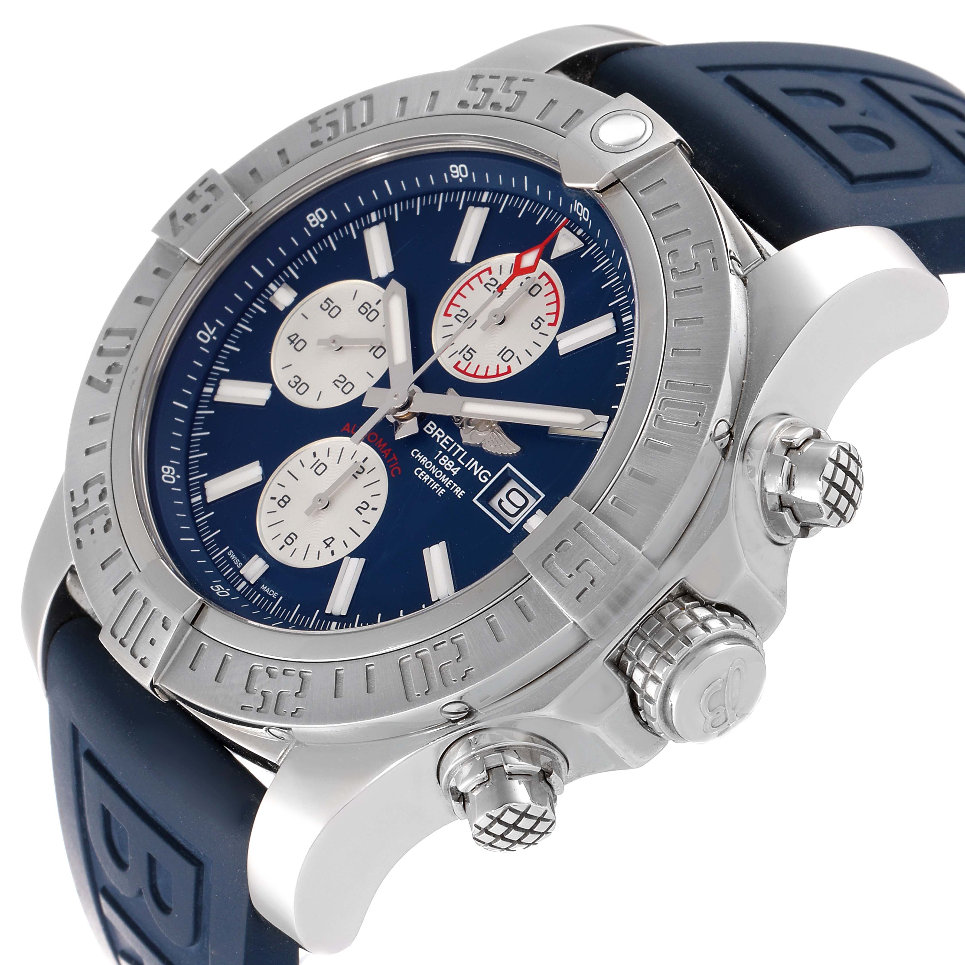 This image shows a front-side angle of the Breitling Avenger A13371 Men's Stainless Steel Blue Dial A13371 Men's Stainless Steel Blue Dial watch, highlighting its bezel, crown, subdials, and rubber strap.