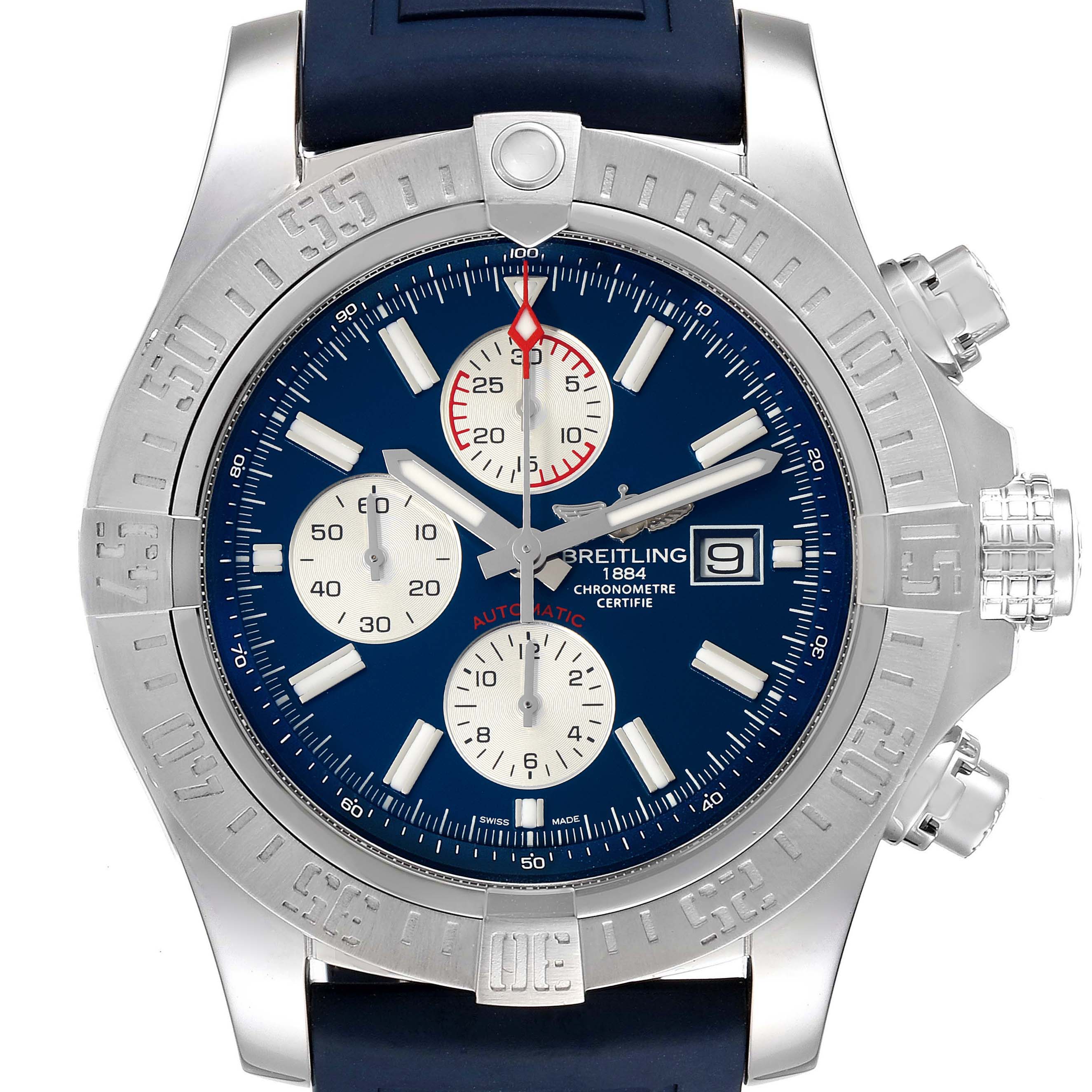 This image shows a front view of a Breitling Avenger A13371 Men's Stainless Steel Blue Dial A13371 Men's Stainless Steel Blue Dial watch, highlighting its blue dial, chronograph subdials, and date window.