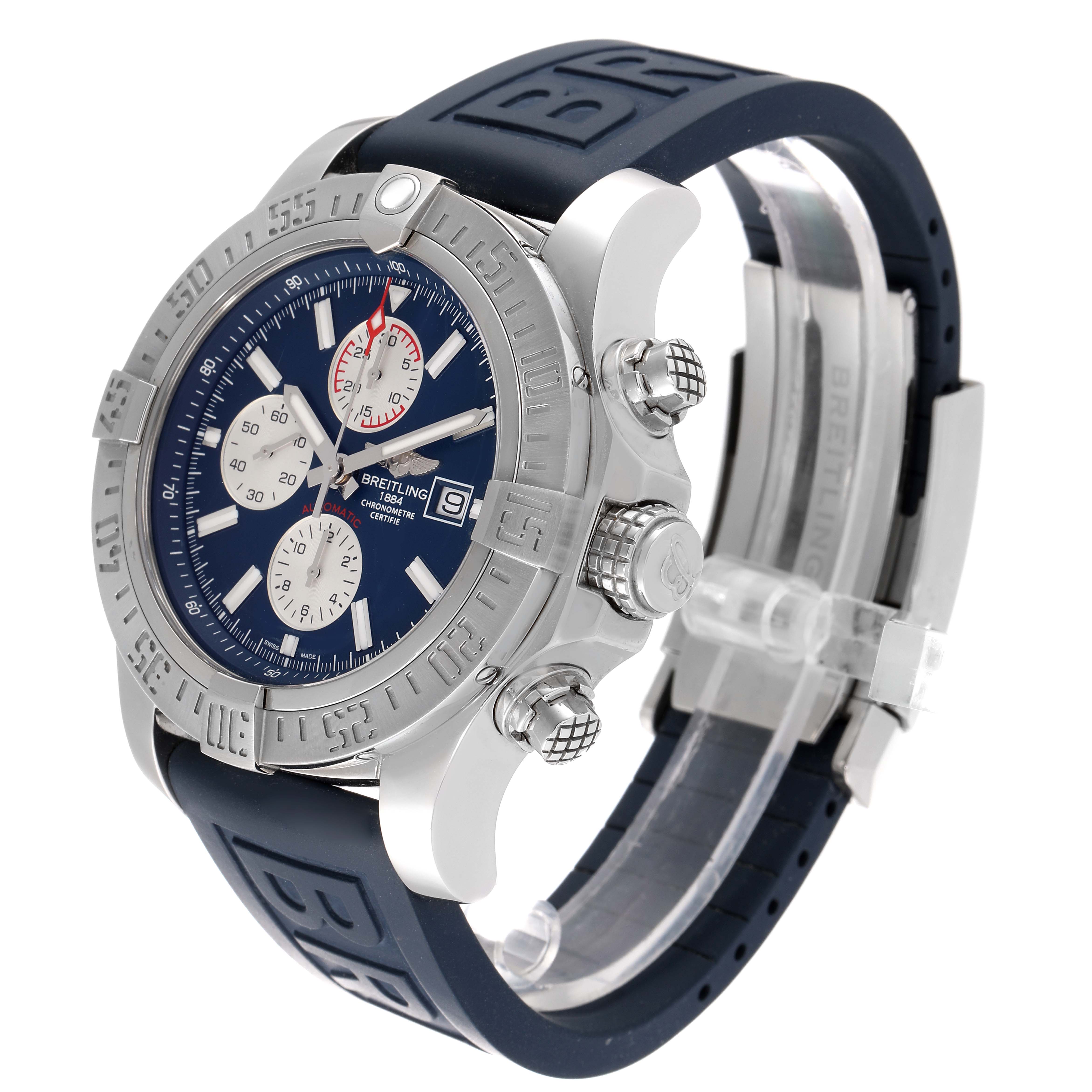 The image shows a side-angle view of a Breitling Avenger A13371 Men's Stainless Steel Blue Dial A13371 Men's Stainless Steel Blue Dial watch, highlighting the dial, bezel, and pushers, with a blue strap.