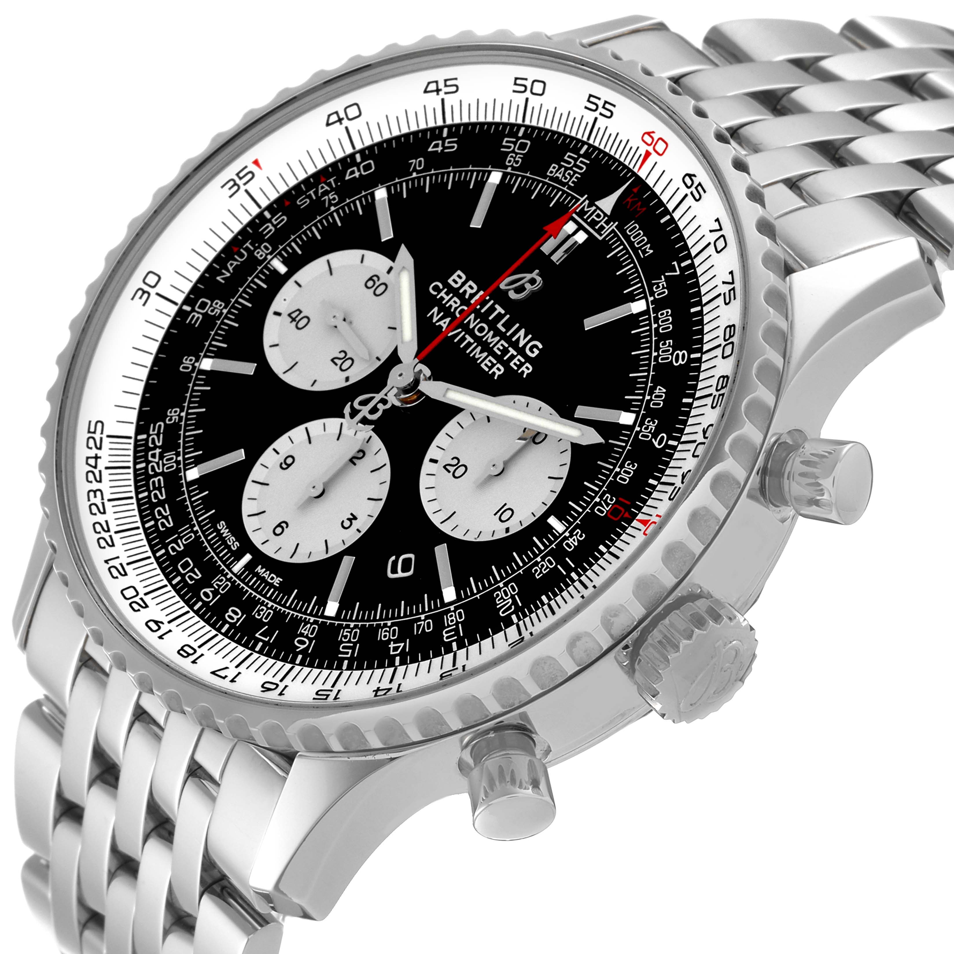 The Breitling Navitimer AB0127 Men's Stainless Steel Black Dial AB0127 Men's Stainless Steel Black Dial watch is shown at a three-quarter angle, highlighting the face, bezel, and part of the metal bracelet.