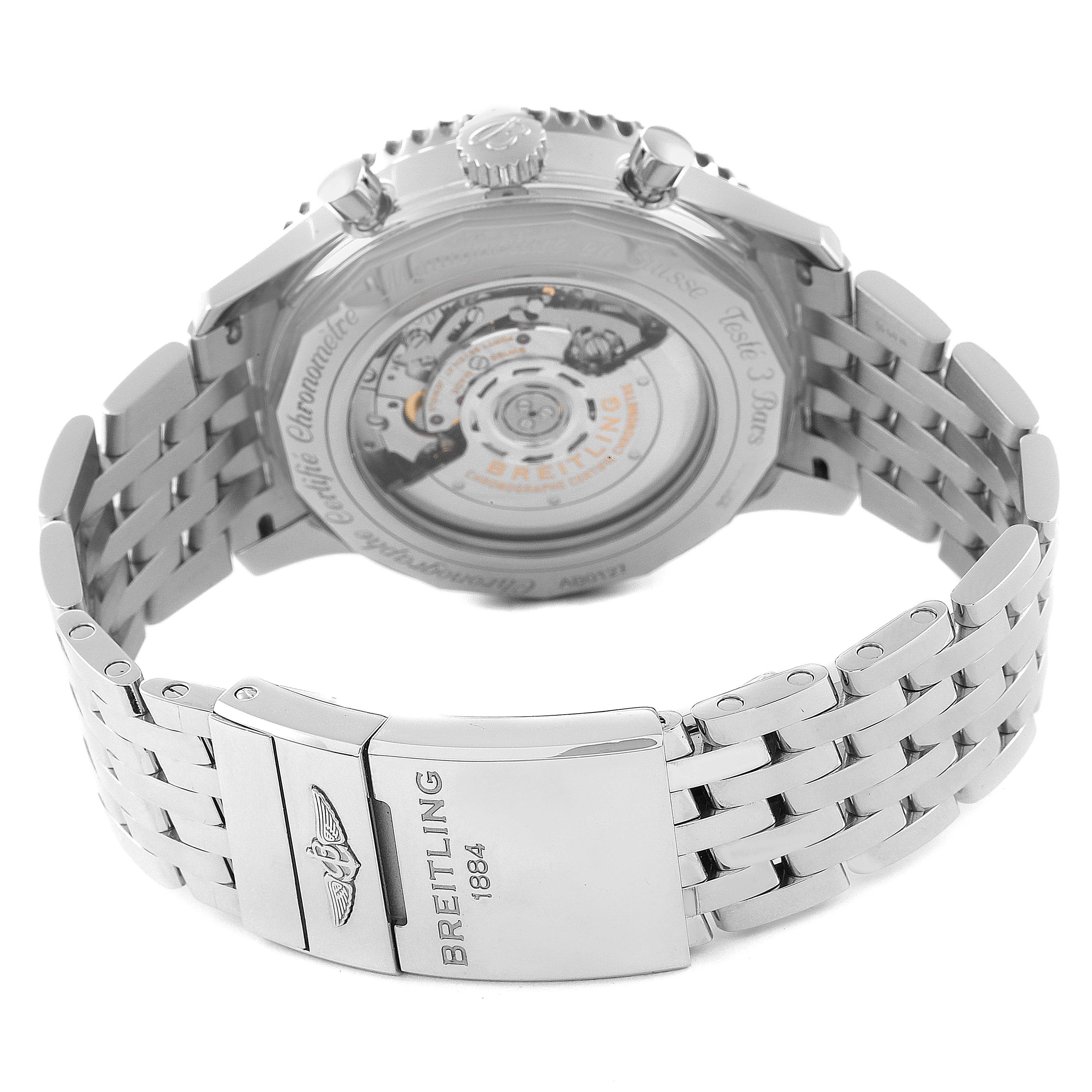 The image shows the back and metallic bracelet of a Breitling Navitimer AB0127 Men's Stainless Steel Black Dial AB0127 Men's Stainless Steel Black Dial watch, including the movement mechanism and clasp.