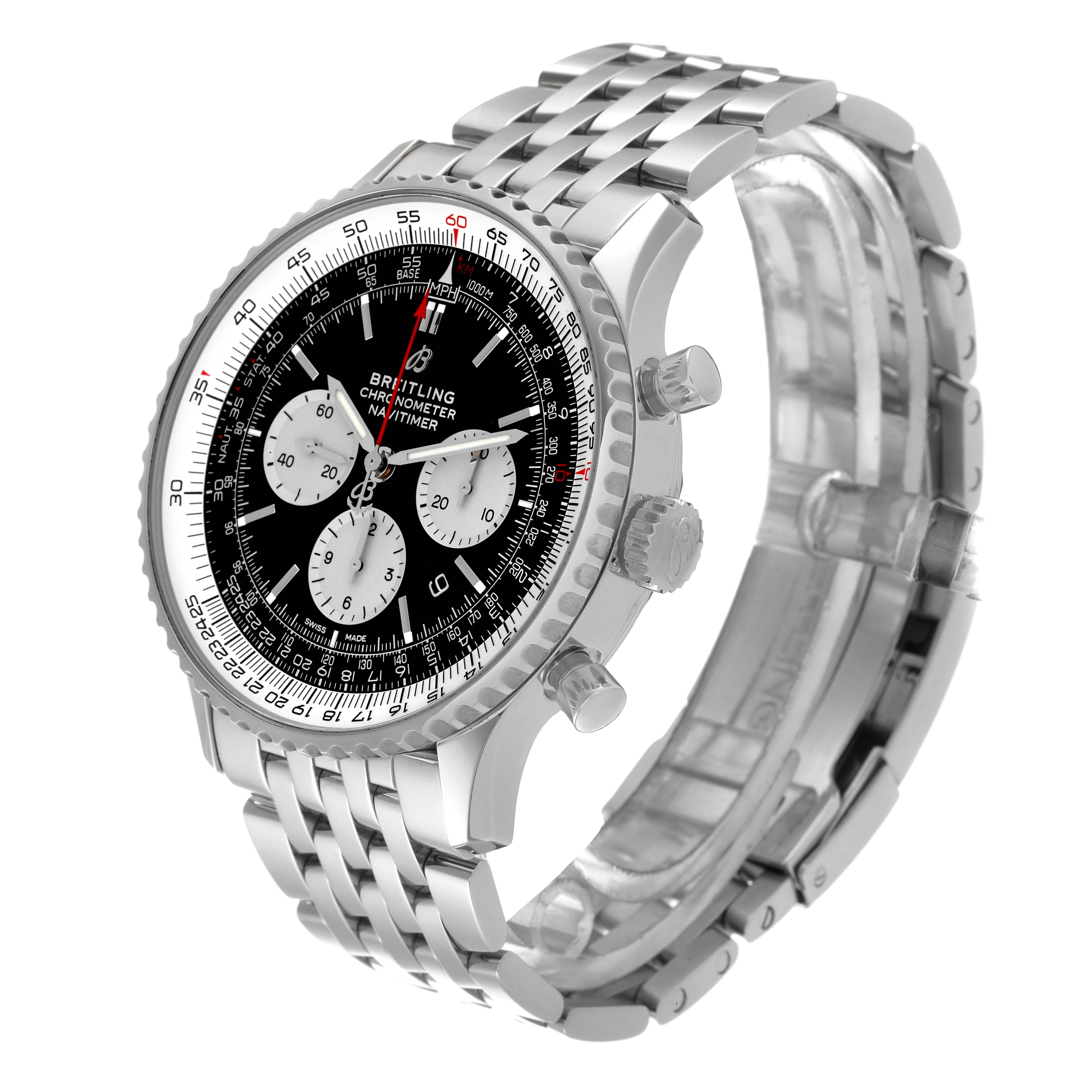 The image shows a Breitling Navitimer AB0127 Men's Stainless Steel Black Dial AB0127 Men's Stainless Steel Black Dial watch angled to display its face, bezel, crown, pushers, and metal bracelet.