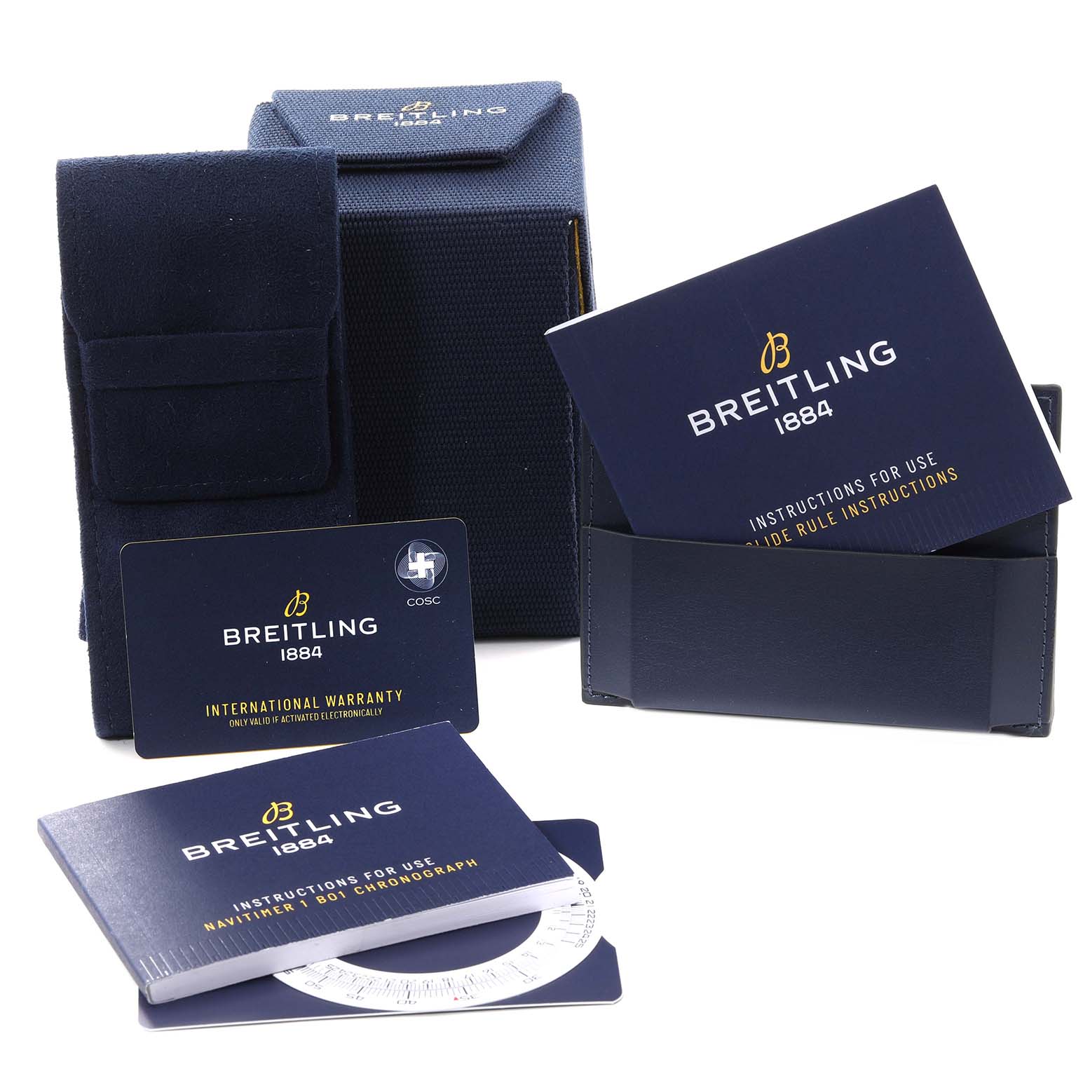 The image shows packaging, international warranty cards, and instruction manuals for the Breitling Navitimer AB0127 Men's Stainless Steel Black Dial AB0127 Men's Stainless Steel Black Dial model.