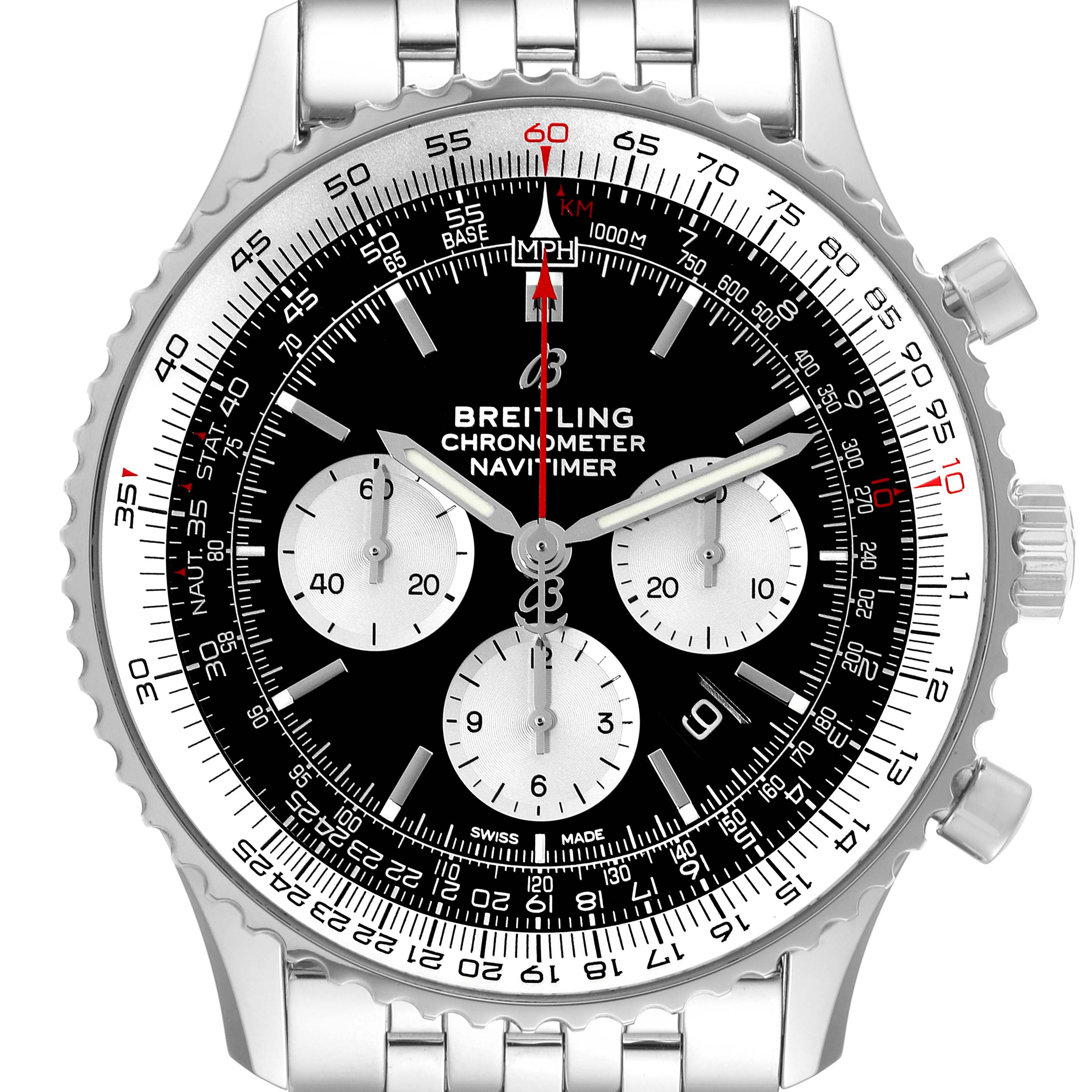 The image shows a Breitling Navitimer AB0127 Men's Stainless Steel Black Dial AB0127 Men's Stainless Steel Black Dial watch from a front angle, highlighting the dial, bezel, and bracelet.