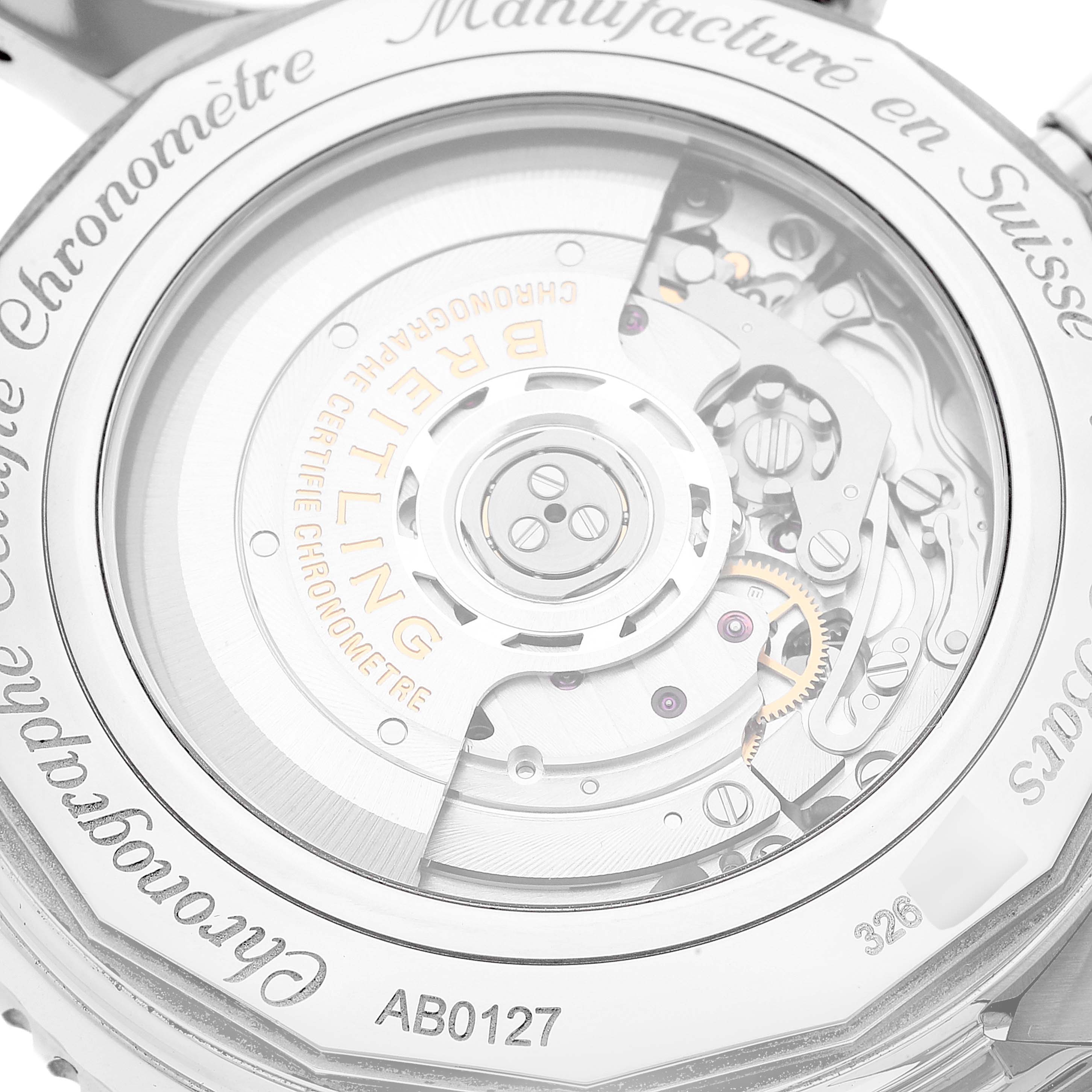 The image shows the back view of a Breitling Navitimer AB0127 Men's Stainless Steel Black Dial AB0127 Men's Stainless Steel Black Dial watch, highlighting its automatic movement and engraved details.