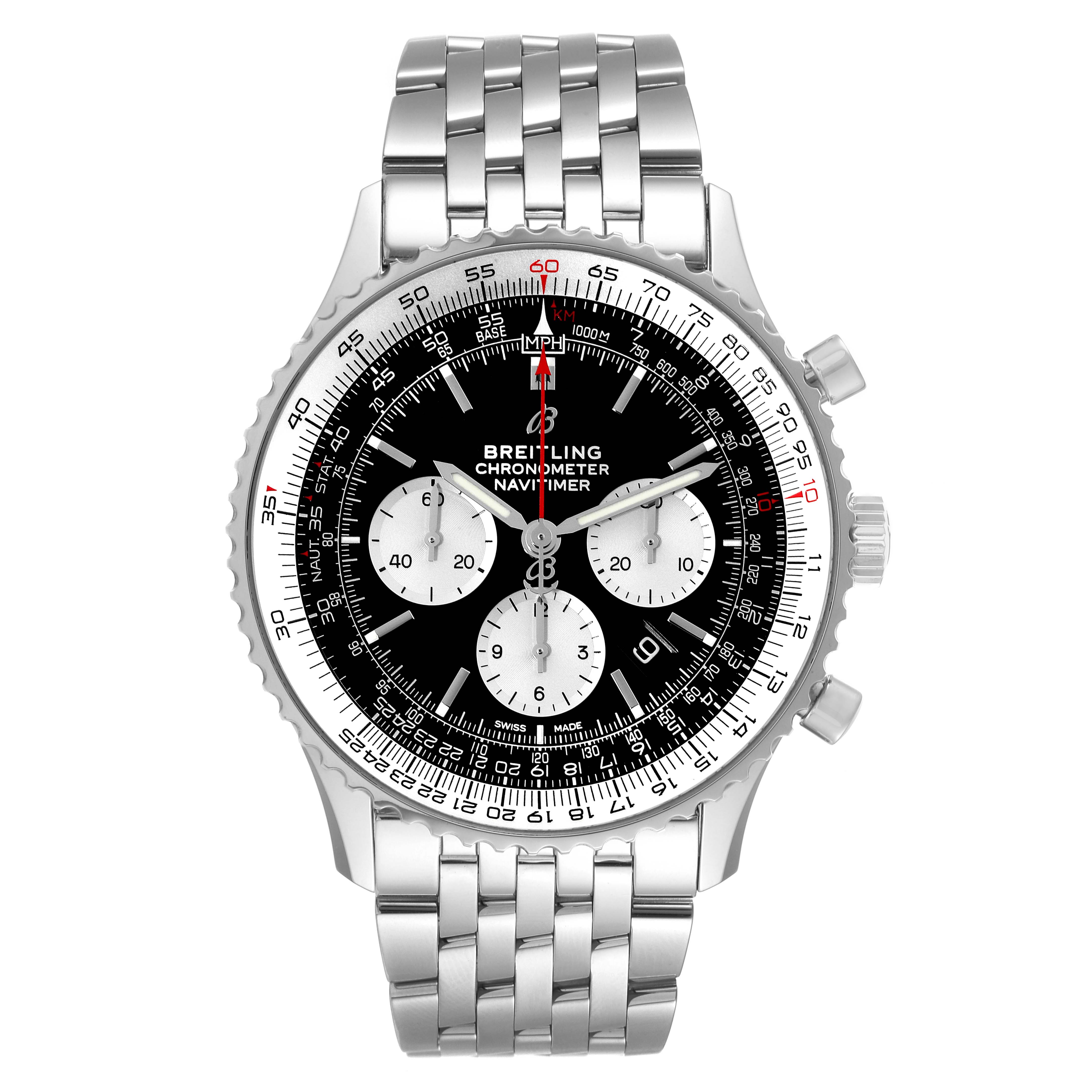 The image shows a front view of the Breitling Navitimer AB0127 Men's Stainless Steel Black Dial AB0127 Men's Stainless Steel Black Dial watch, displaying its dial, bezel, and stainless steel bracelet.