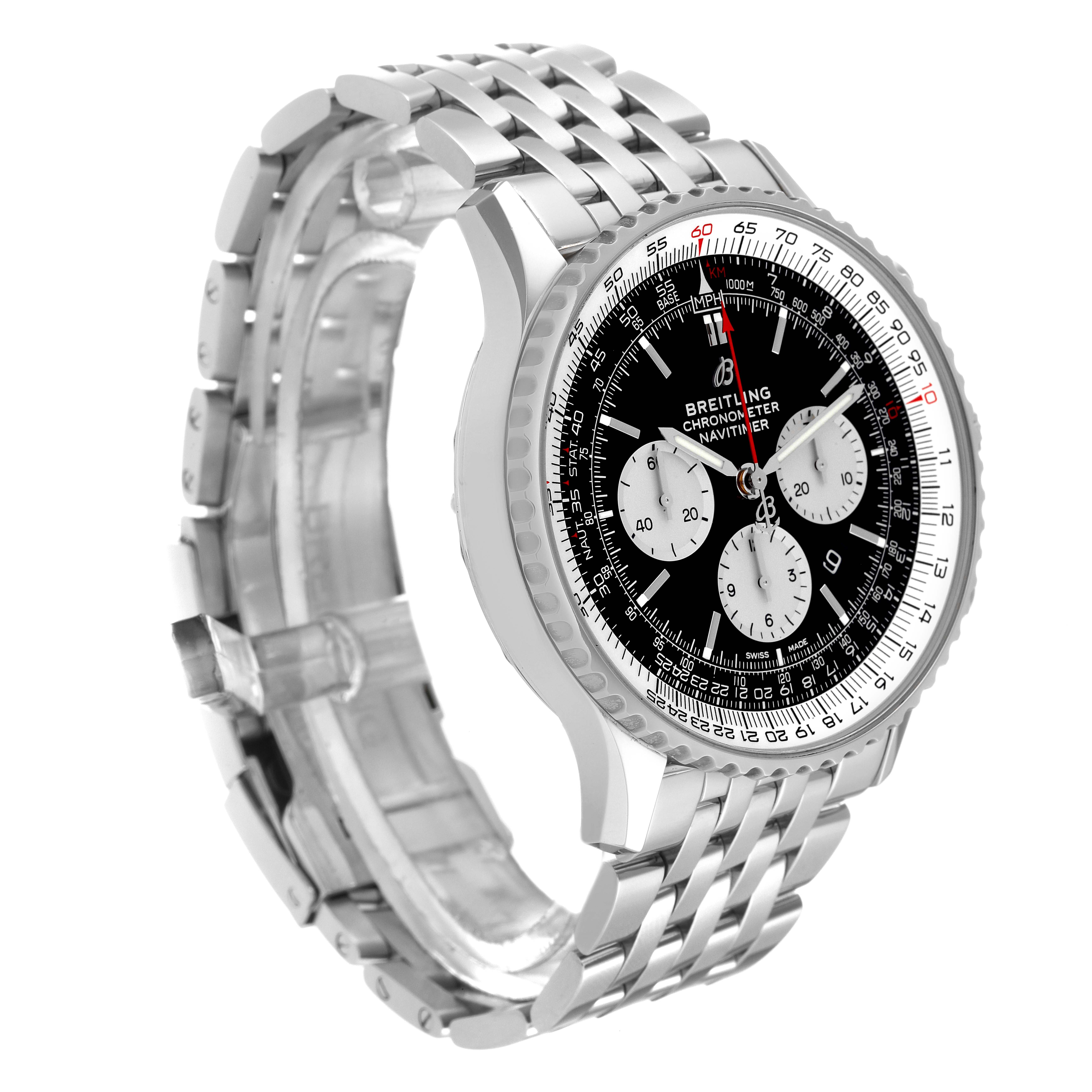 This image shows a Breitling Navitimer AB0127 Men's Stainless Steel Black Dial AB0127 Men's Stainless Steel Black Dial watch at a three-quarter angle, highlighting its face, bezel, and bracelet.