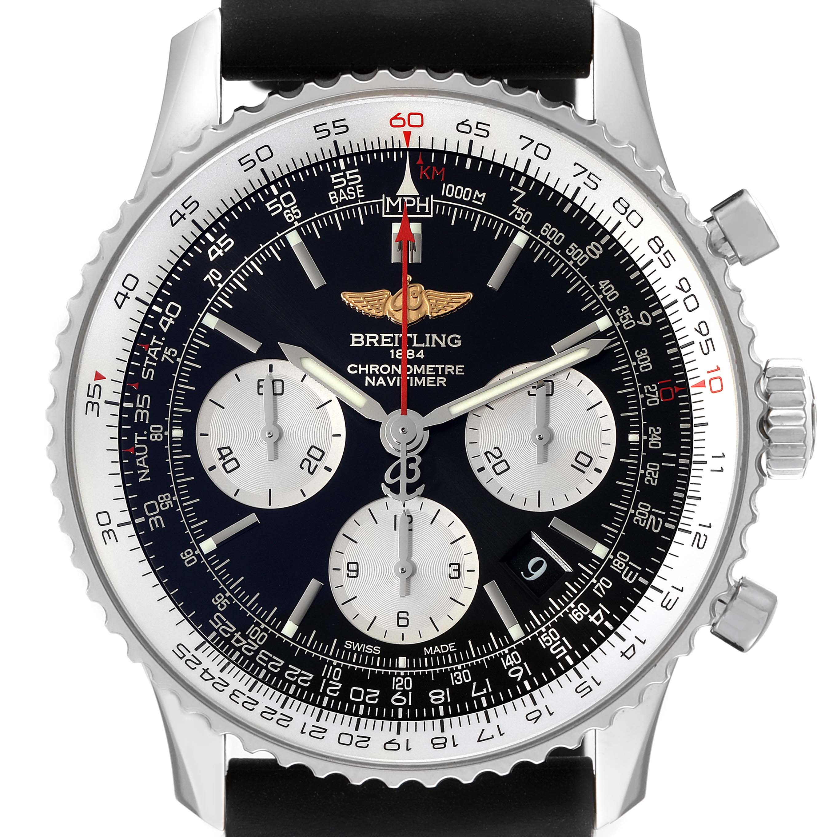 This Breitling Navitimer AB0120 Men
s Stainless Steel Black Dial AB0120 Men
s Stainless Steel Black Dial watch is shown from the front, displaying the dial, bezel, chronograph sub-dials, and pushers.