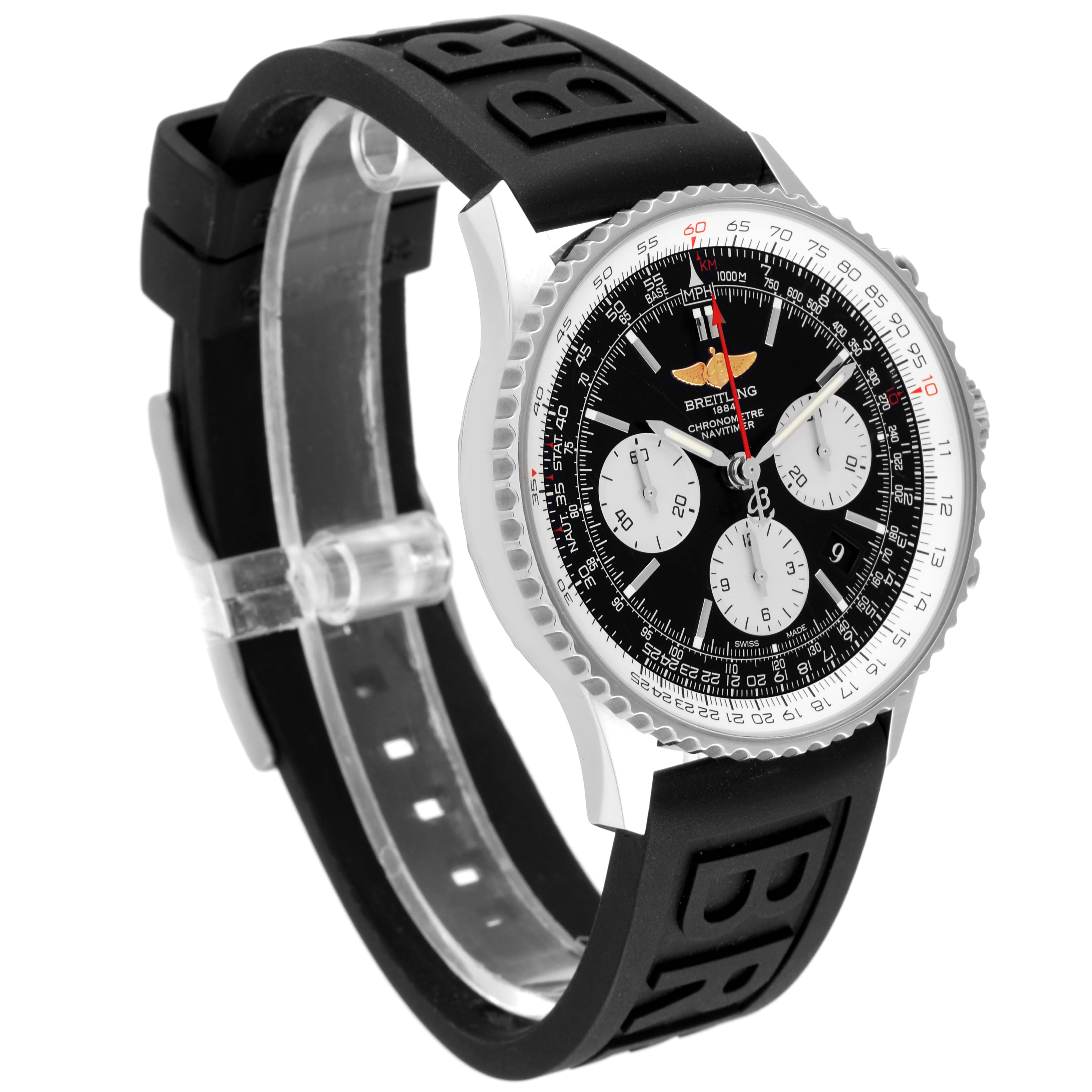 The image shows a Breitling Navitimer AB0120 Men
s Stainless Steel Black Dial AB0120 Men
s Stainless Steel Black Dial watch with a black rubber strap, viewed at a slight angle from the upper front, highlighting the dial and bezel.