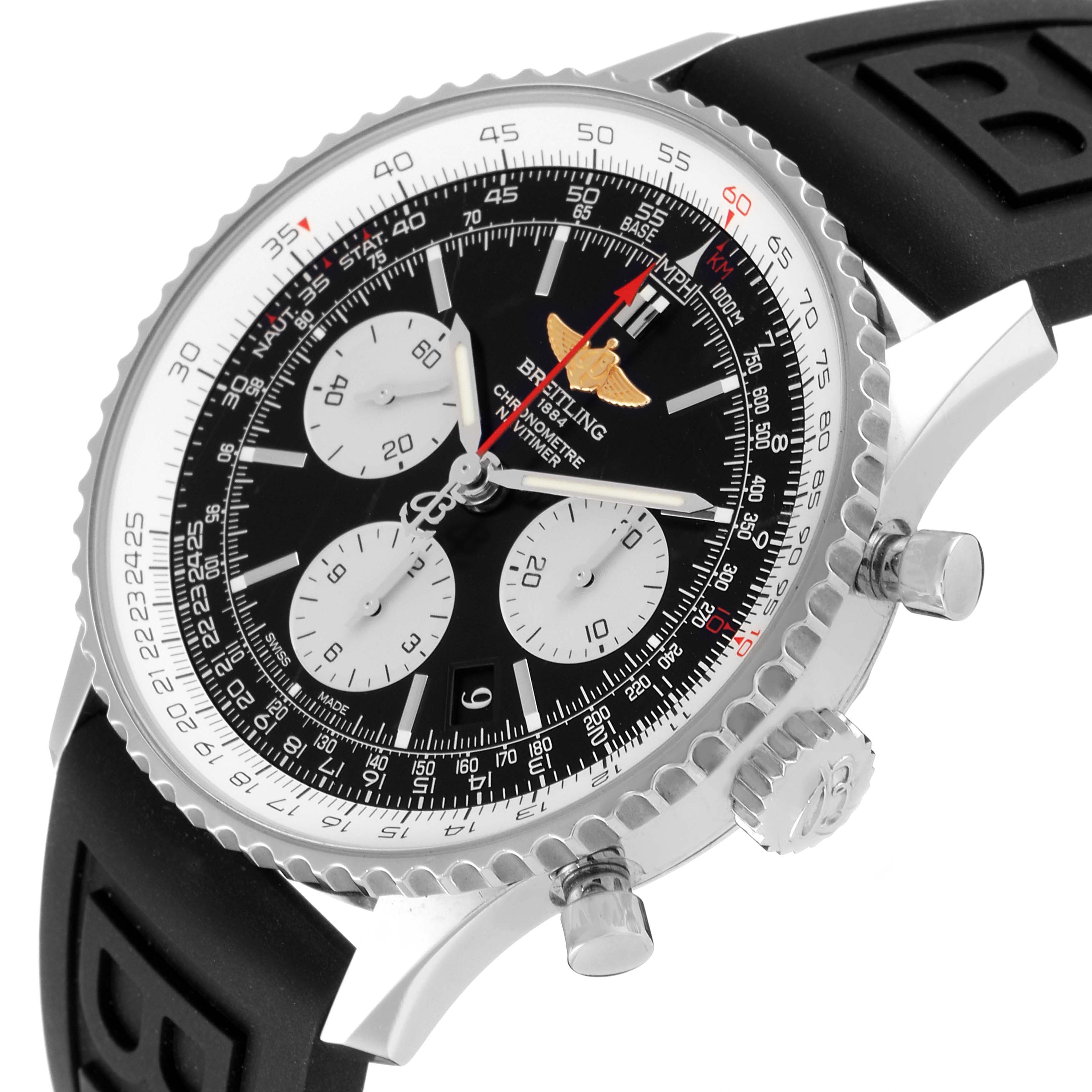 The image shows a Breitling Navitimer AB0120 Men
s Stainless Steel Black Dial AB0120 Men
s Stainless Steel Black Dial watch at an angled side view, showcasing its dial, bezel, crown, pushers, and rubber strap.