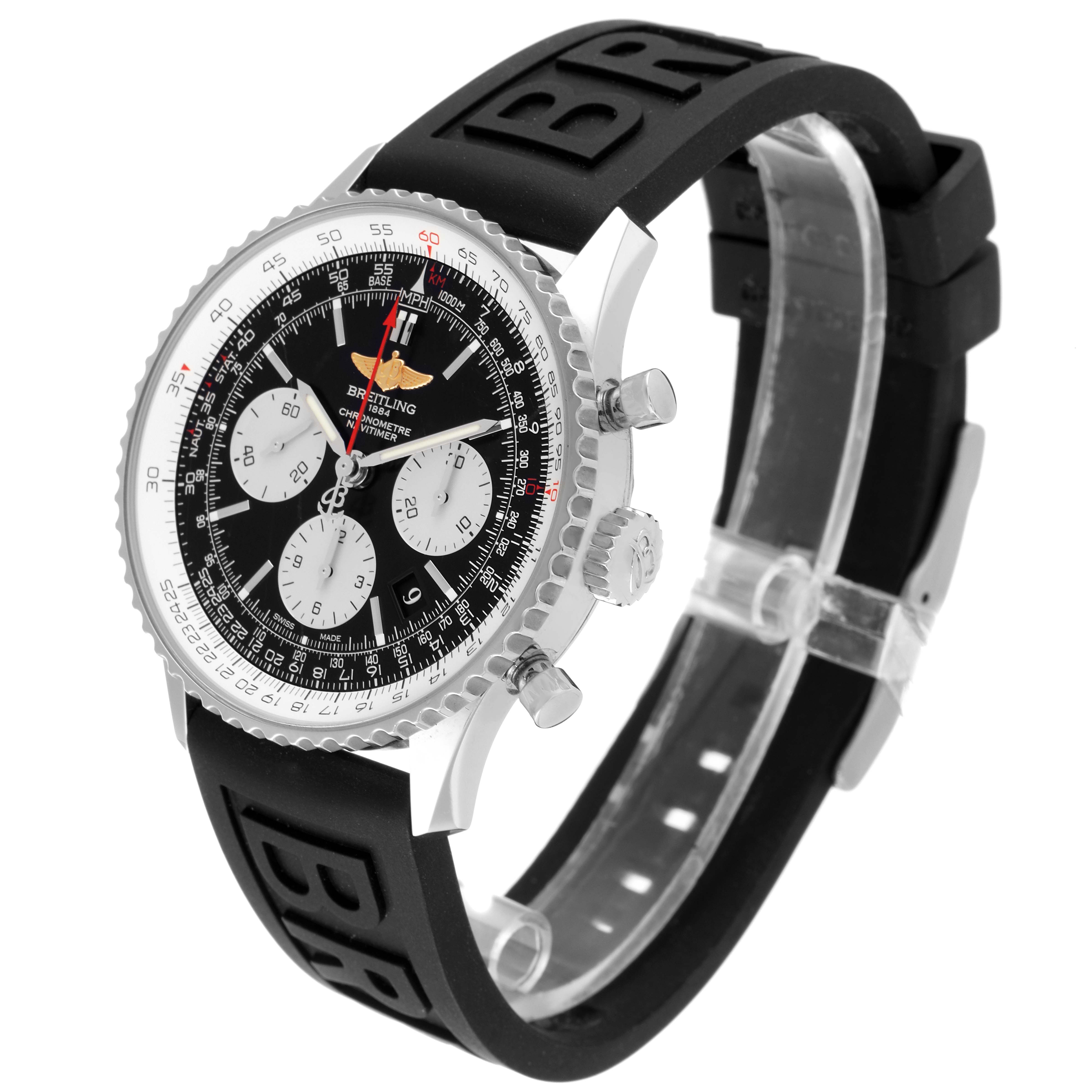 The image shows a Breitling Navitimer AB0120 Men
s Stainless Steel Black Dial AB0120 Men
s Stainless Steel Black Dial watch at a three-quarter angle, highlighting the black strap, bezel, crown, and subdials.