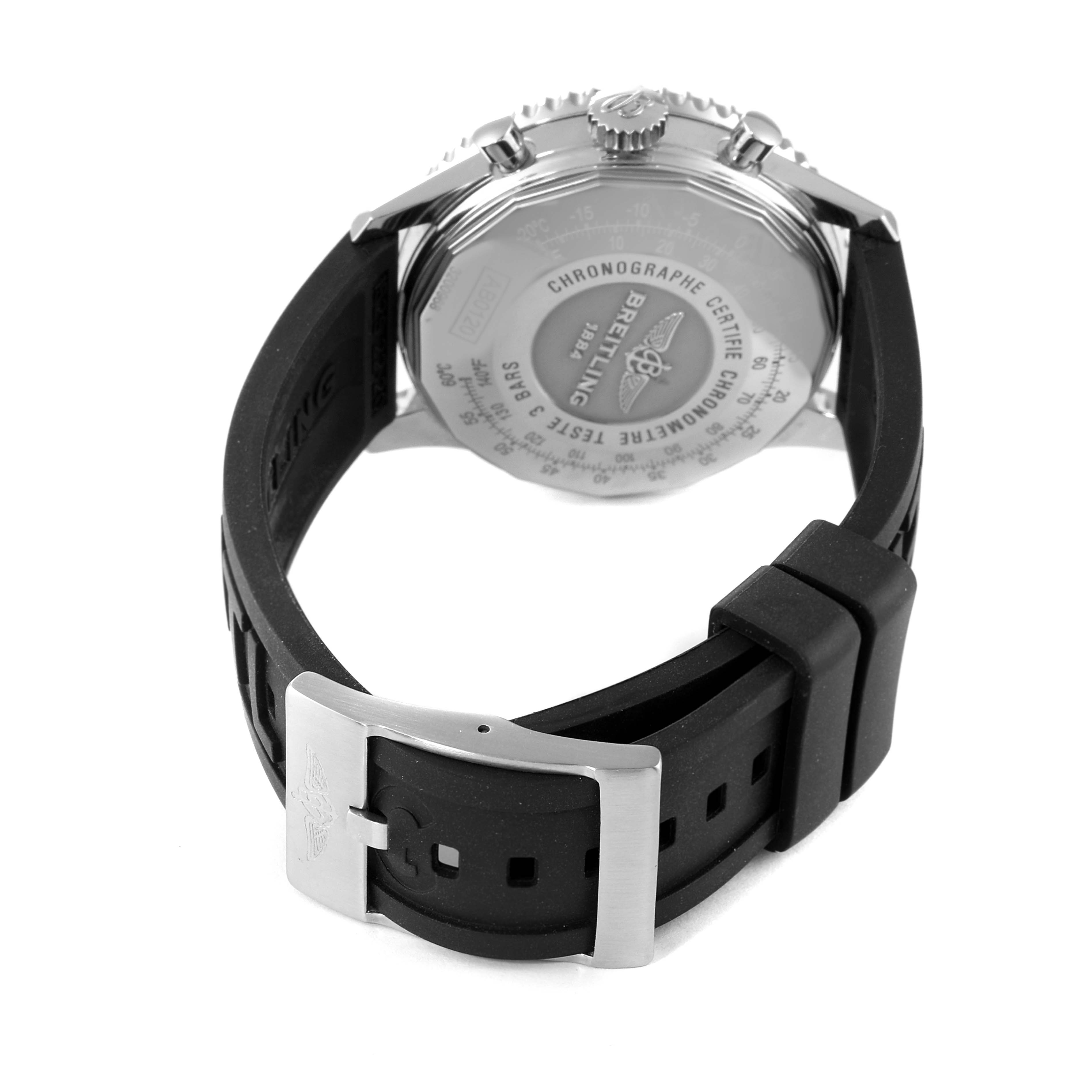 The image shows the back and side of a Breitling Navitimer AB0120 Men
s Stainless Steel Black Dial AB0120 Men
s Stainless Steel Black Dial watch with its strap and clasp visible.