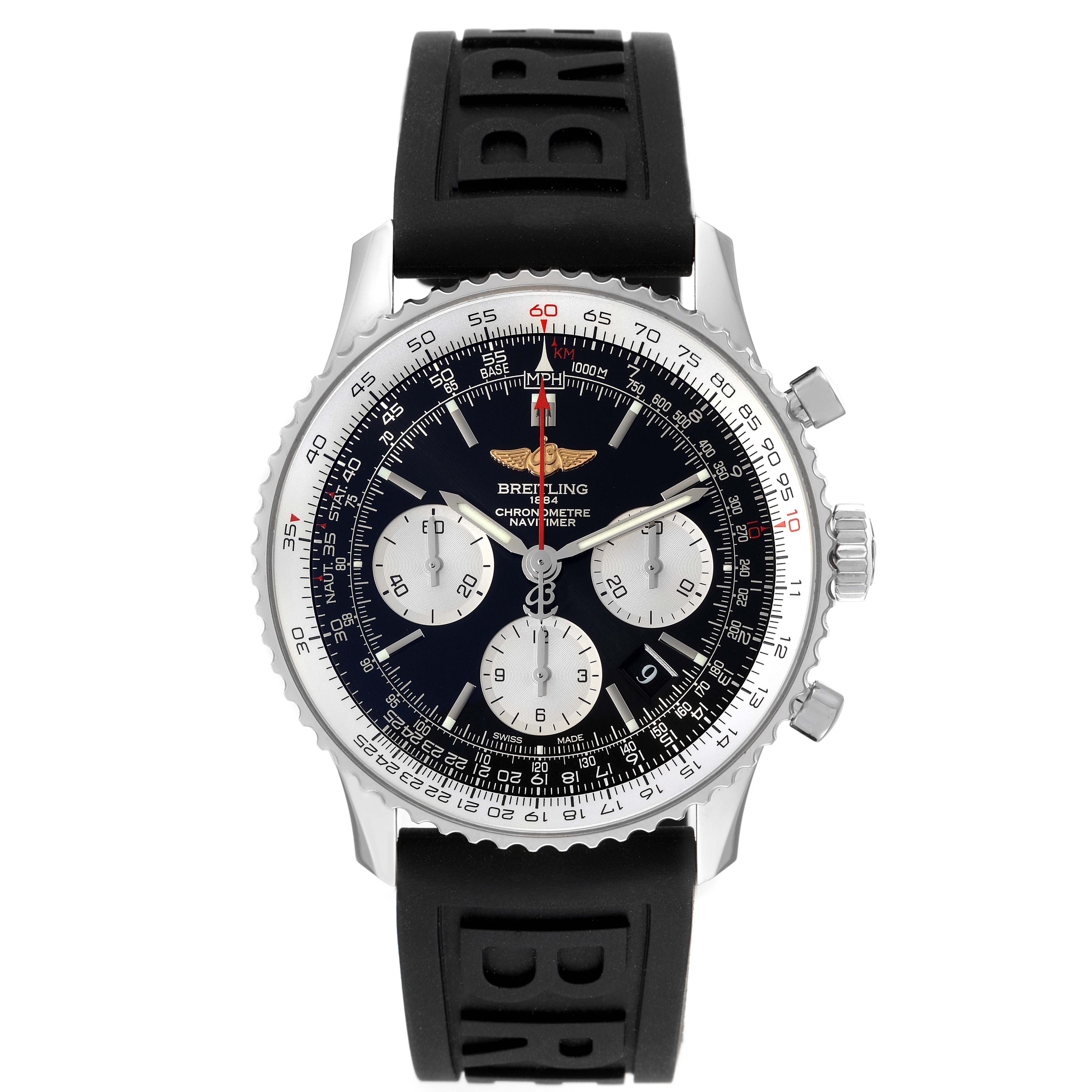 The image shows a front view of the Breitling Navitimer AB0120 Men
s Stainless Steel Black Dial AB0120 Men
s Stainless Steel Black Dial watch with its face, bezel, chronograph dials, and black rubber strap visible.