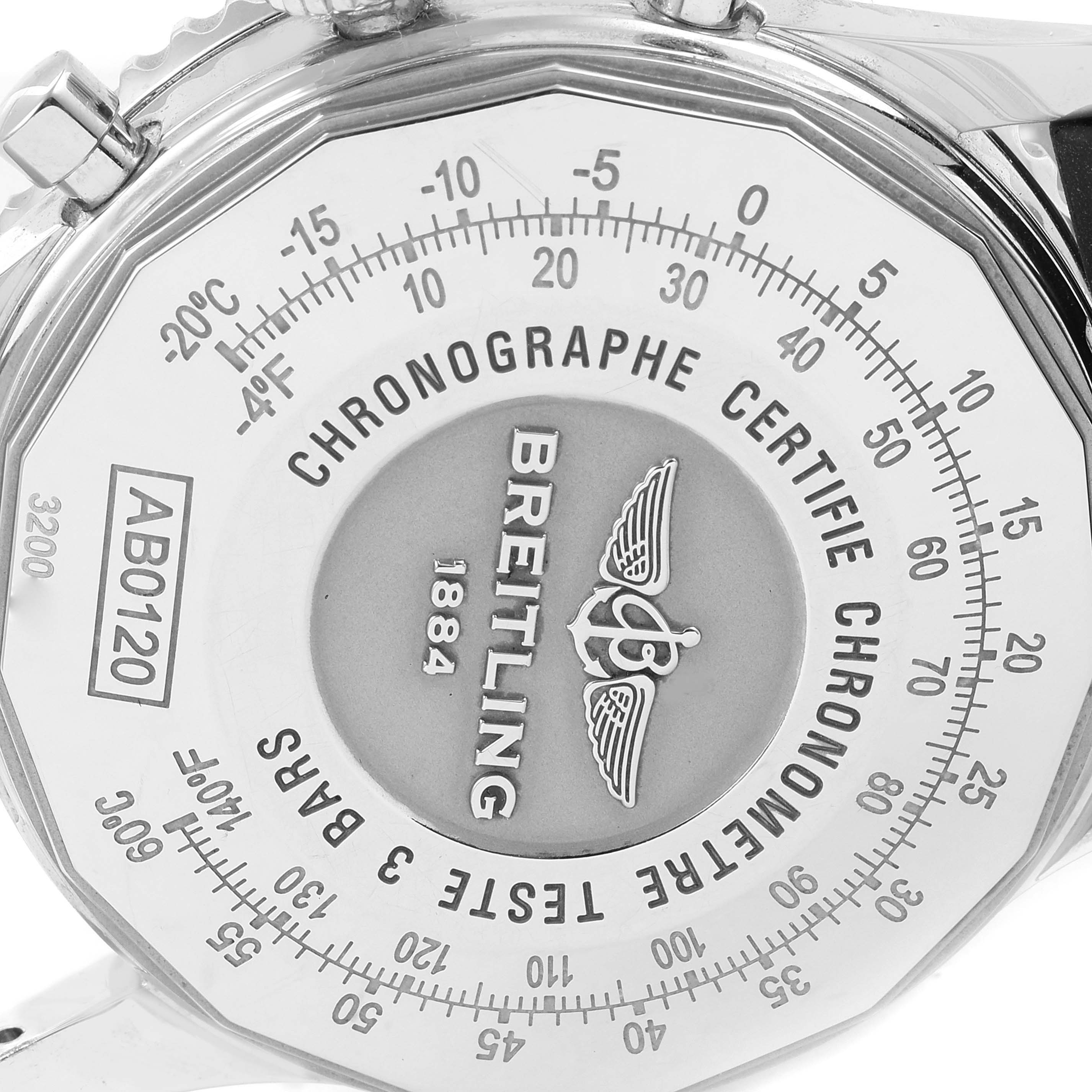 This image shows a close-up of the case back of a Breitling Navitimer AB0120 Men
s Stainless Steel Black Dial AB0120 Men
s Stainless Steel Black Dial watch with detailed engravings and text.