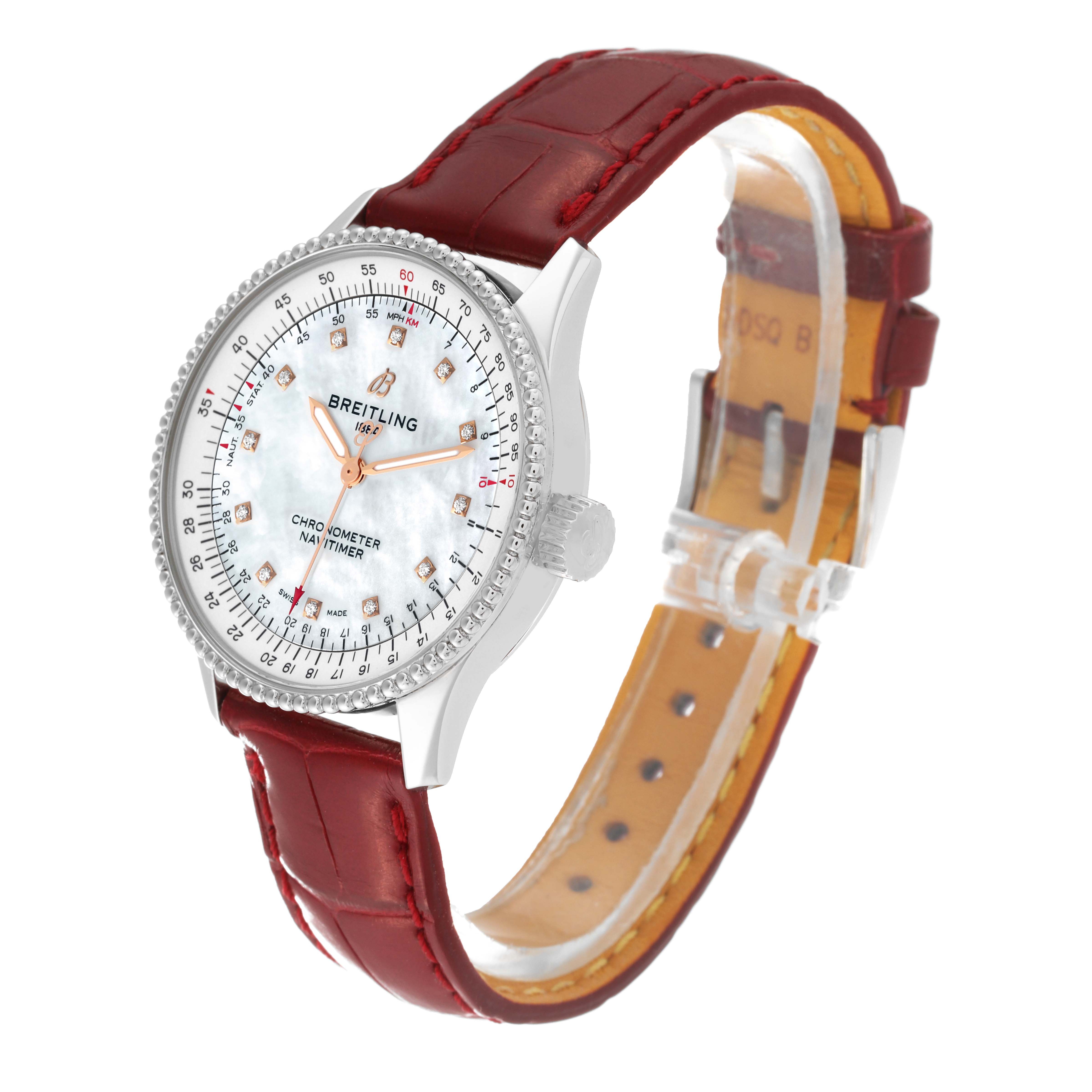 The Breitling A17395 Women's Stainless Steel Mother of Pearl Dial A17395 Women's Stainless Steel Mother of Pearl Dial Navitimer Automatic 35 A17395 watch is shown at a front angle with its dial and red leather strap visible.