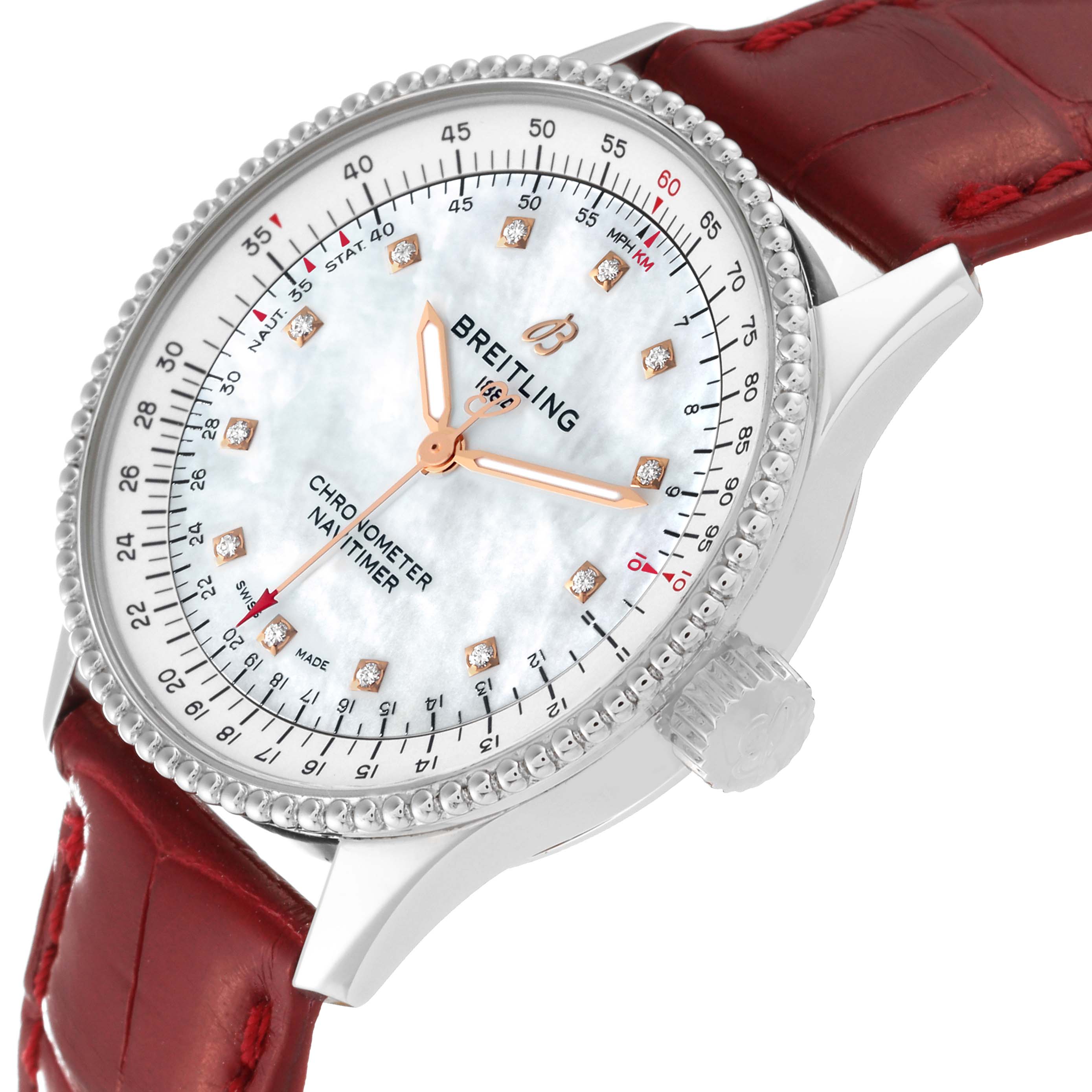 The image shows a close-up angle of the Breitling A17395 Women's Stainless Steel Mother of Pearl Dial A17395 Women's Stainless Steel Mother of Pearl Dial Navitimer Automatic 35 with a Mother of Pearl Diamond Dial and a red leather strap.