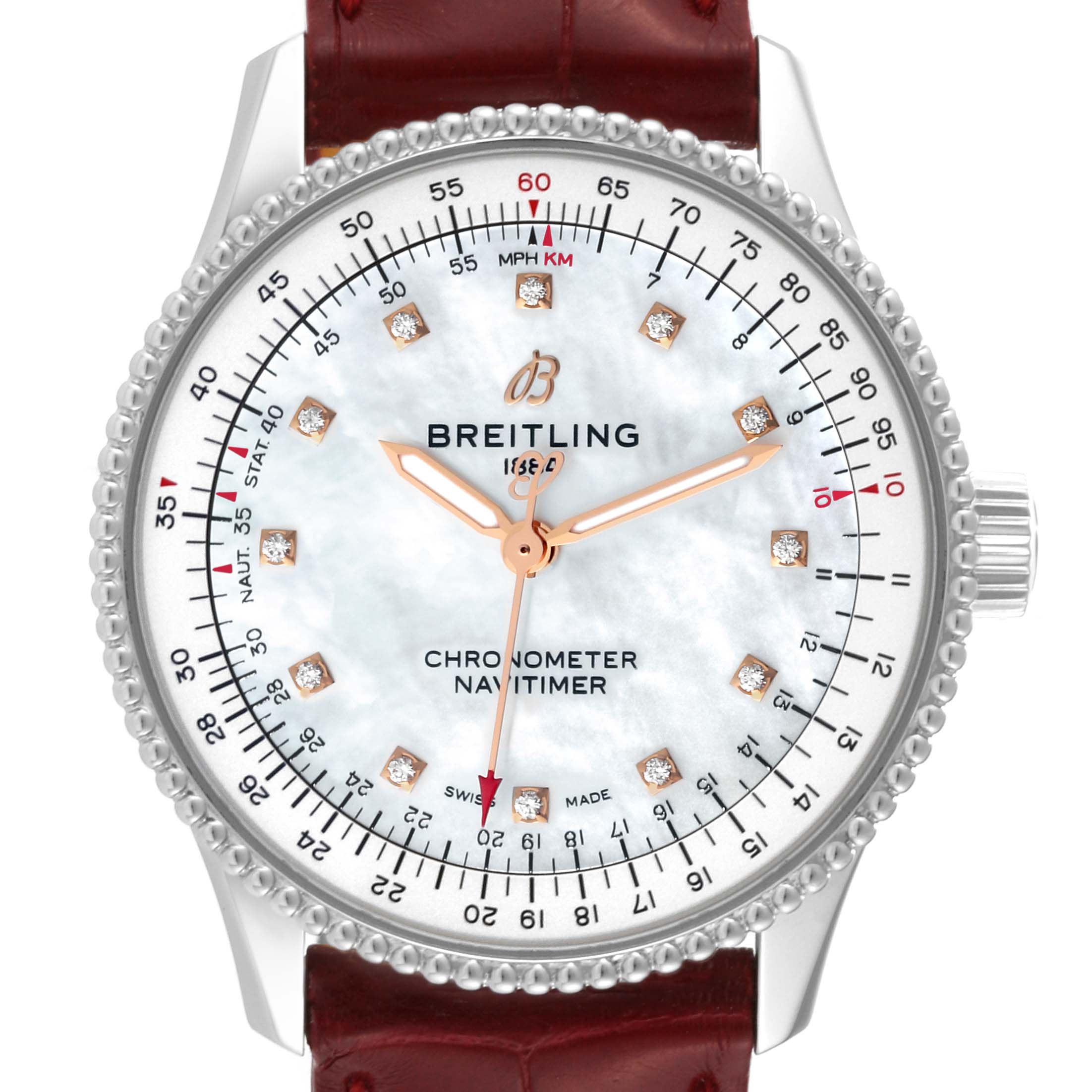 The image shows a front view of the Breitling A17395 Women's Stainless Steel Mother of Pearl Dial A17395 Women's Stainless Steel Mother of Pearl Dial Navitimer Automatic 35 Mother of Pearl Diamond Dial Steel Ladies Watch model A17395.