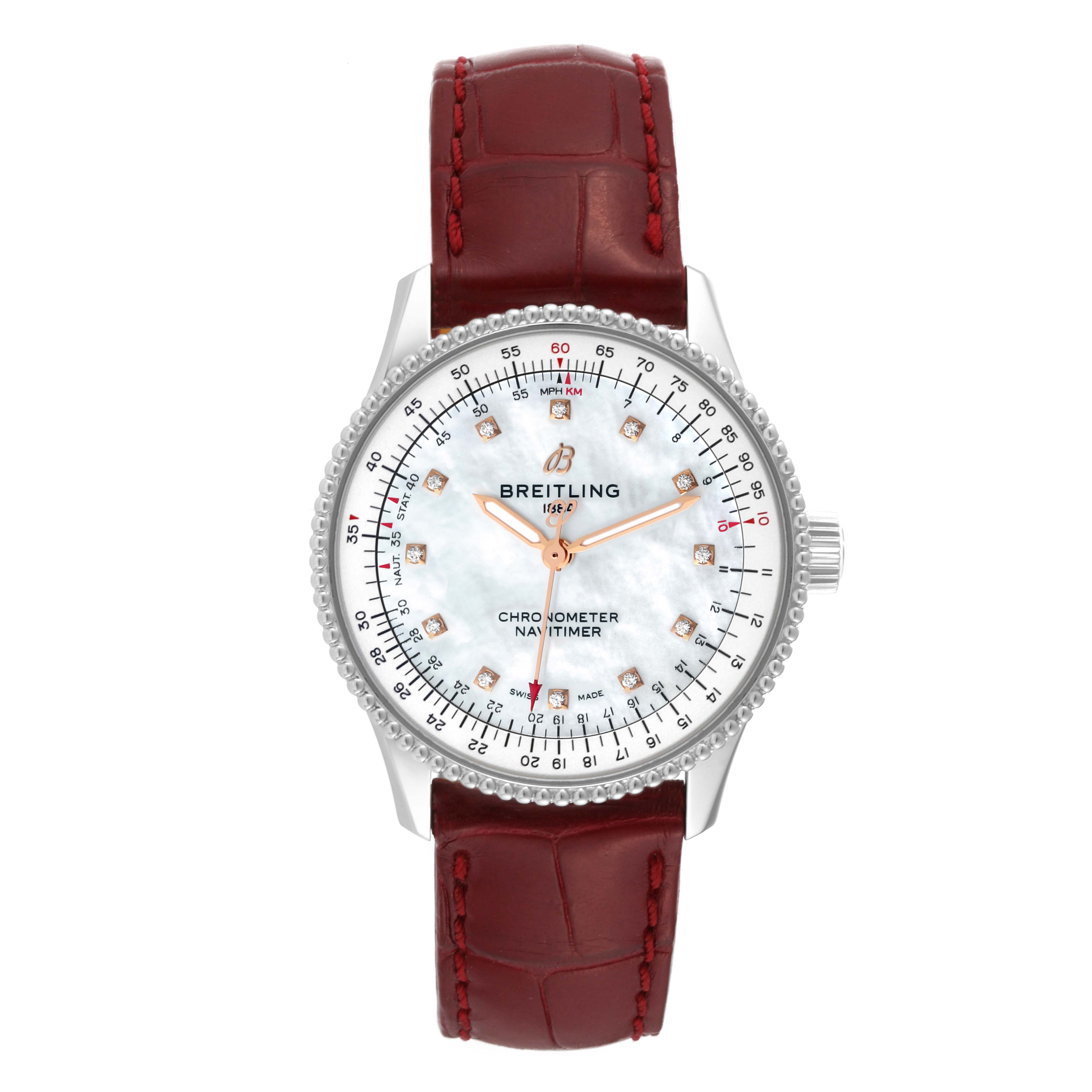 The image shows a front view of the Breitling A17395 Women's Stainless Steel Mother of Pearl Dial A17395 Women's Stainless Steel Mother of Pearl Dial Navitimer Automatic 35 Mother of Pearl Diamond Dial Steel Ladies Watch A17395 with a red leather strap.