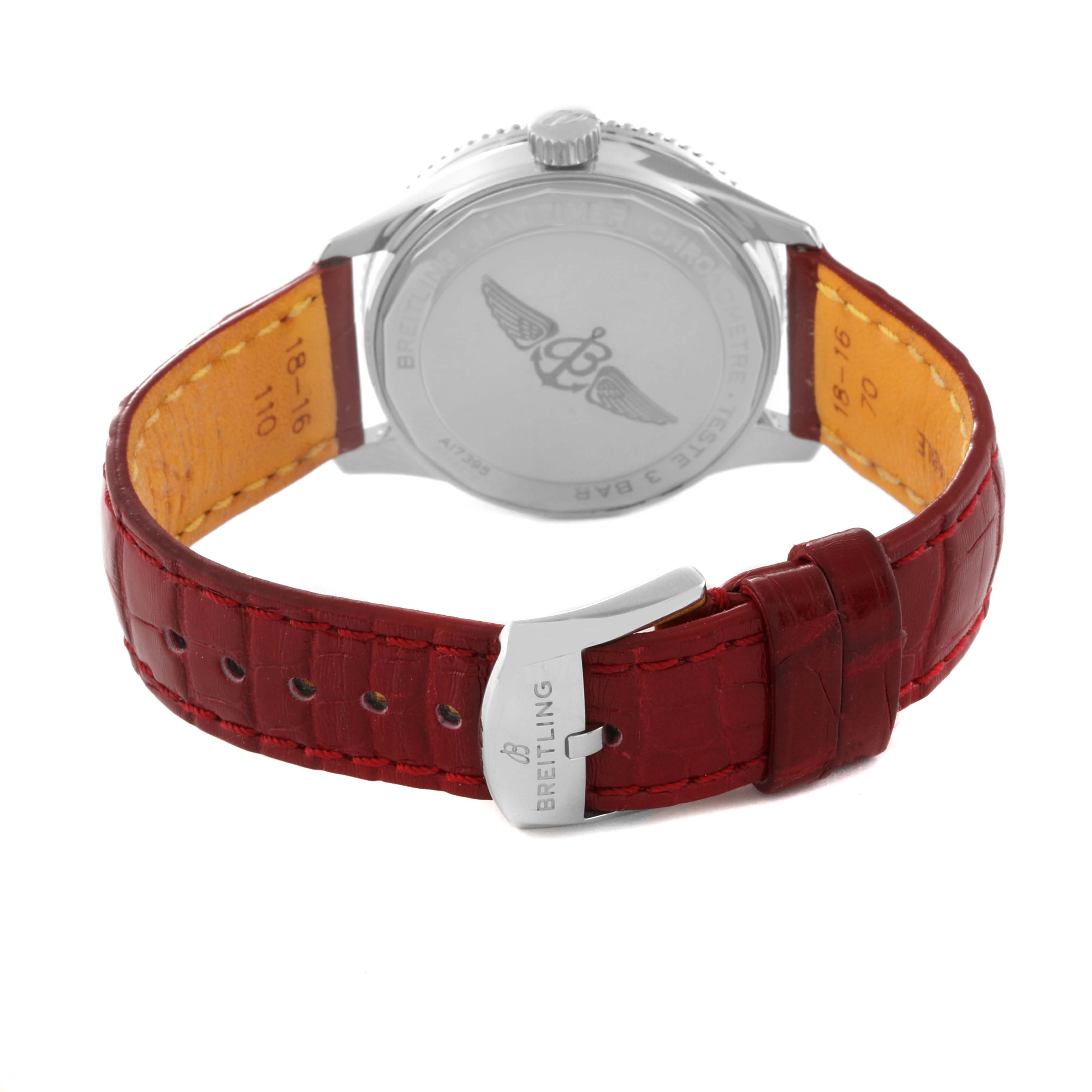 This image shows the back view of the Breitling A17395 Women's Stainless Steel Mother of Pearl Dial A17395 Women's Stainless Steel Mother of Pearl Dial Navitimer Automatic 35 Ladies Watch A17395, featuring the clasp and strap.