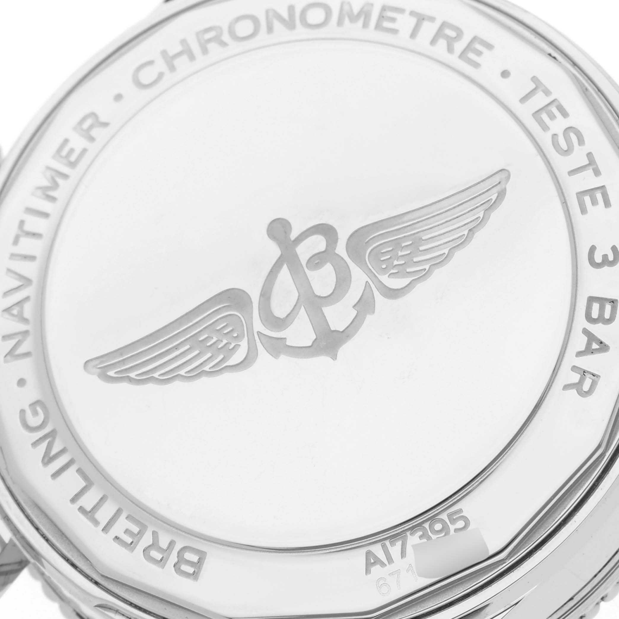 This image shows the engraved case back of the Breitling A17395 Women's Stainless Steel Mother of Pearl Dial A17395 Women's Stainless Steel Mother of Pearl Dial Navitimer Automatic 35 model A17395.