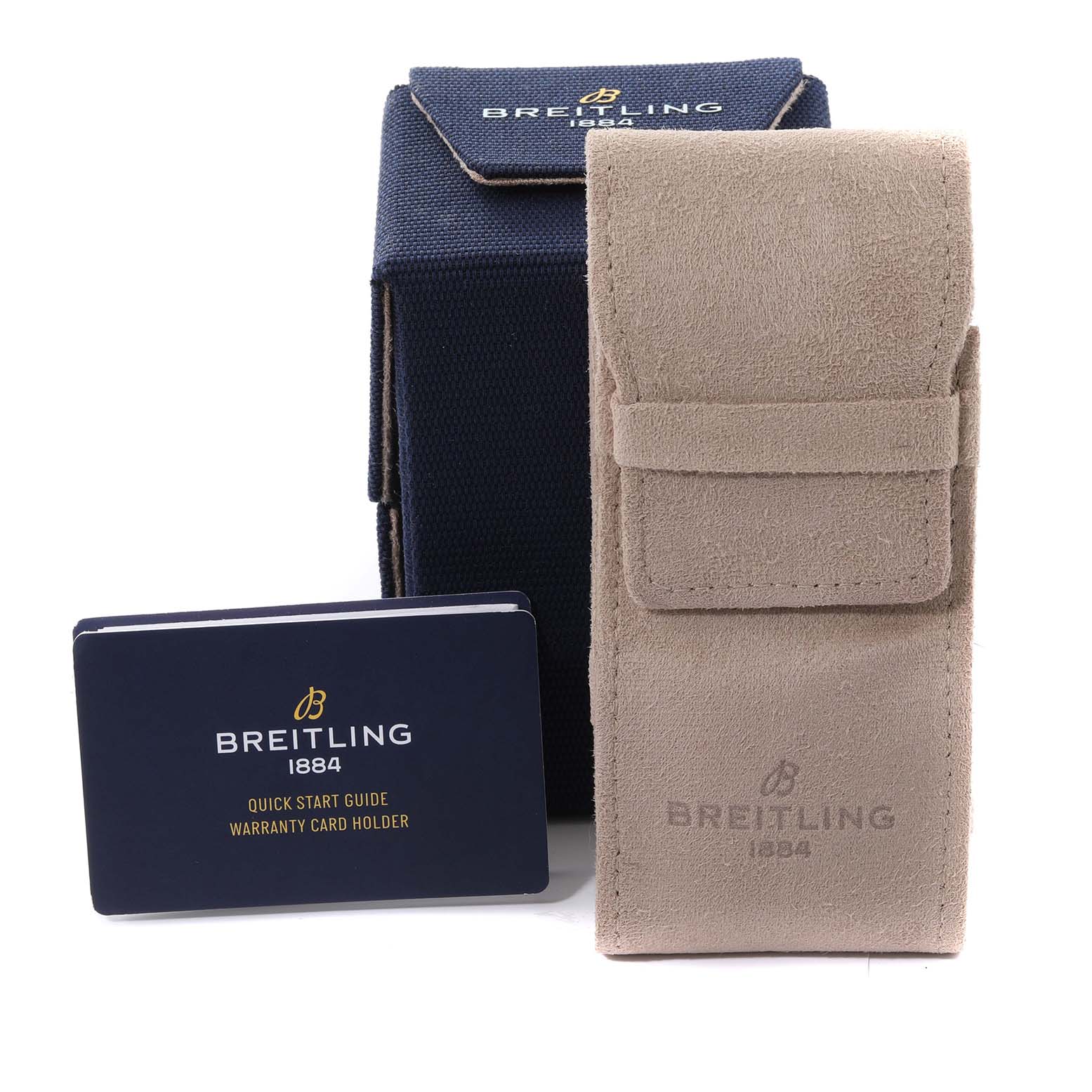 The image shows the packaging and accessories of the Breitling A17395 Women's Stainless Steel Mother of Pearl Dial A17395 Women's Stainless Steel Mother of Pearl Dial Navitimer Automatic 35 Mother of Pearl Diamond Dial Steel Ladies Watch A17395, including a blue box, suede pouch, and warranty card holder.