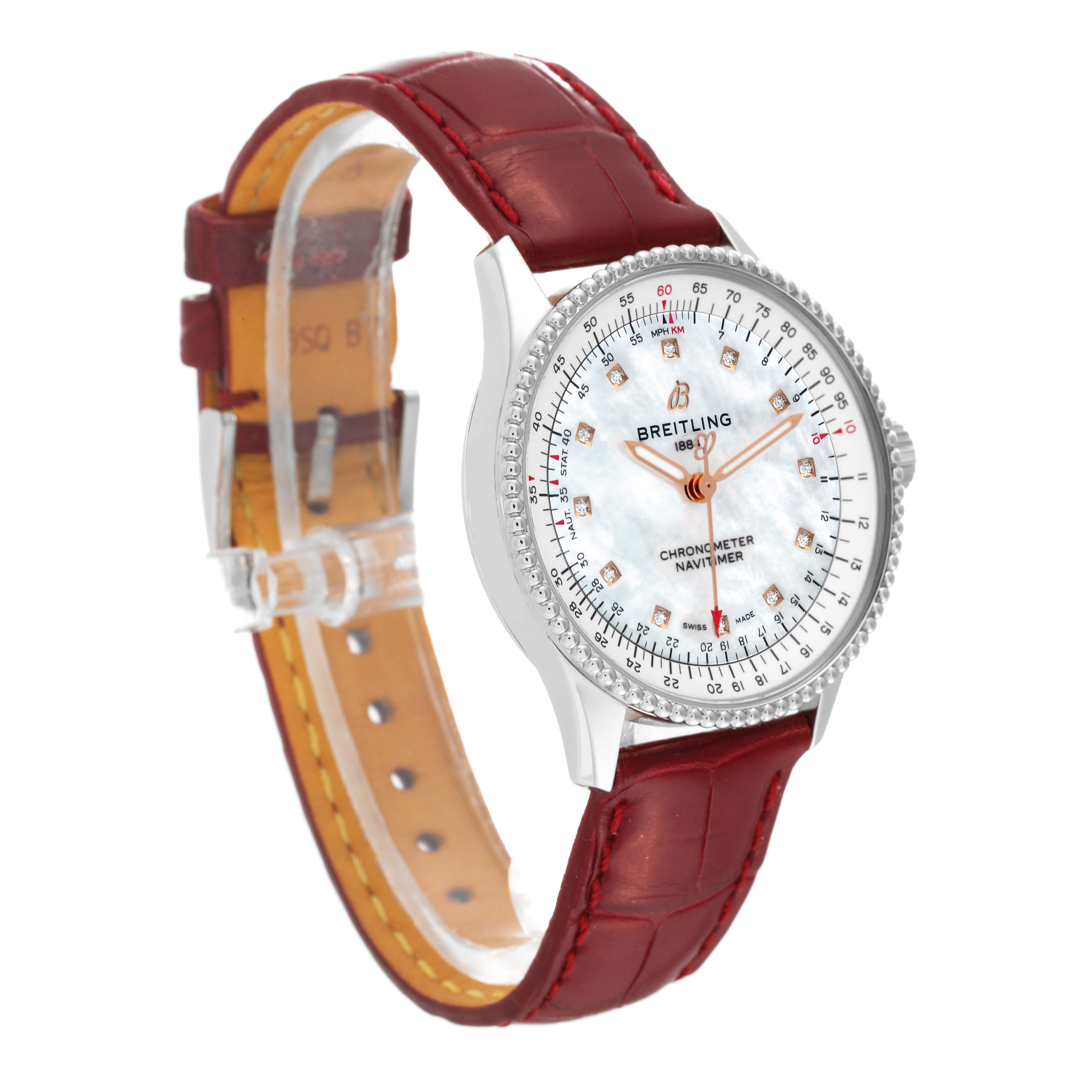 The Breitling A17395 Women's Stainless Steel Mother of Pearl Dial A17395 Women's Stainless Steel Mother of Pearl Dial Navitimer Automatic 35 A17395 Mother of Pearl Diamond Dial Steel Ladies Watch is shown at a slight angle displaying the dial and strap.