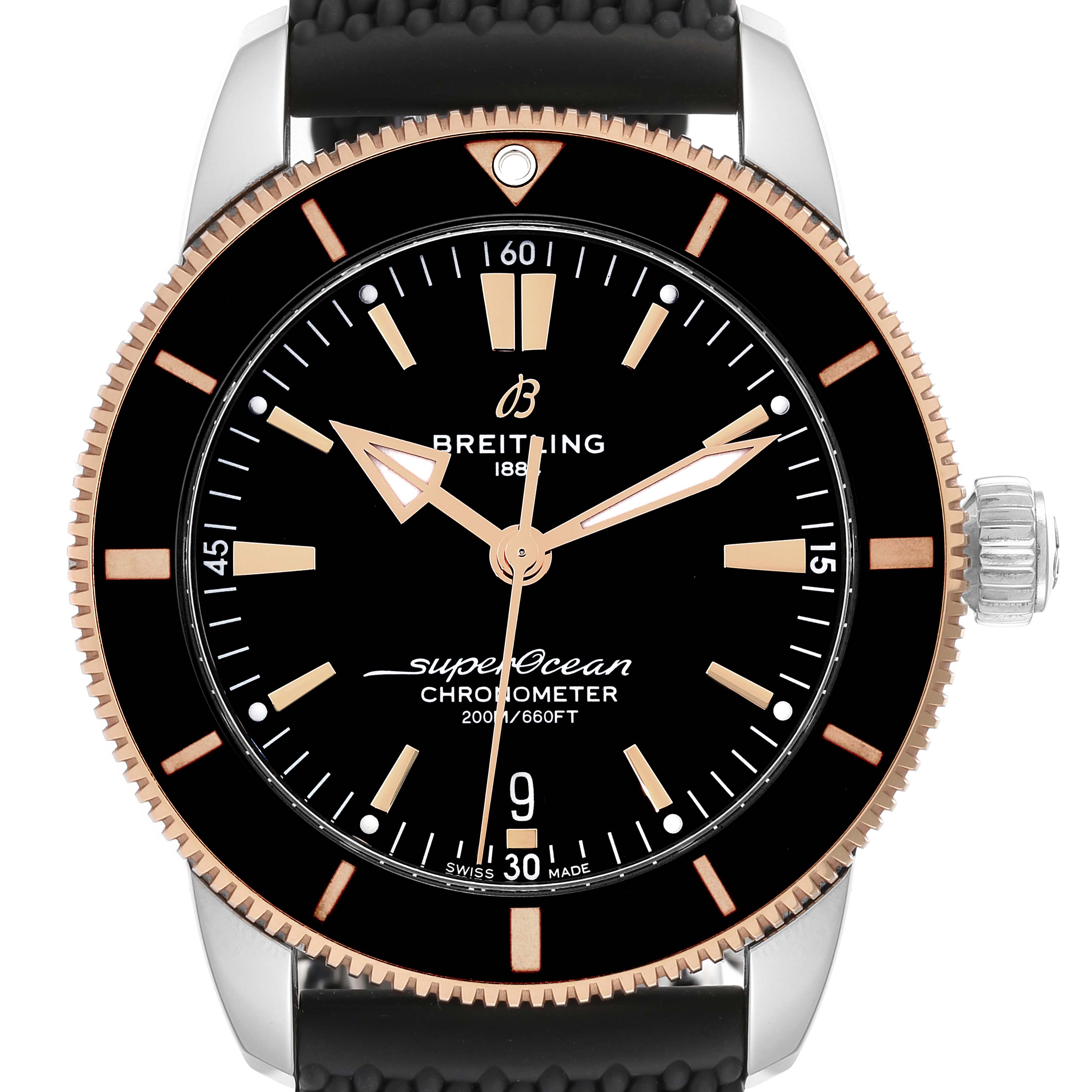 The image shows a front view of the Breitling Superocean UB2030121B1A1 Men's Steel and Gold (two tone) Black Dial UB2030121B1A1 Men's Steel and Gold (two tone) Black Dial watch, highlighting the dial, hands, bezel, and part of the strap.