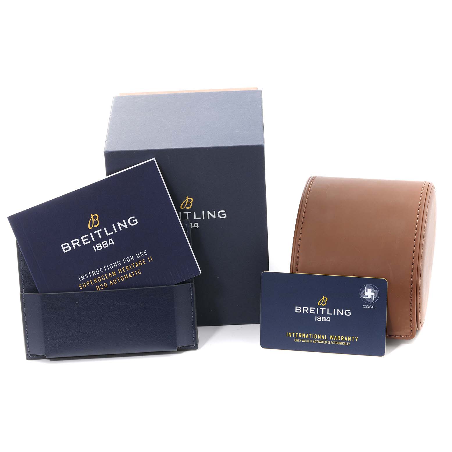 The image shows the packaging, instruction manual, warranty card, and leather case for the Breitling Superocean UB2030121B1A1 Men's Steel and Gold (two tone) Black Dial UB2030121B1A1 Men's Steel and Gold (two tone) Black Dial watch.