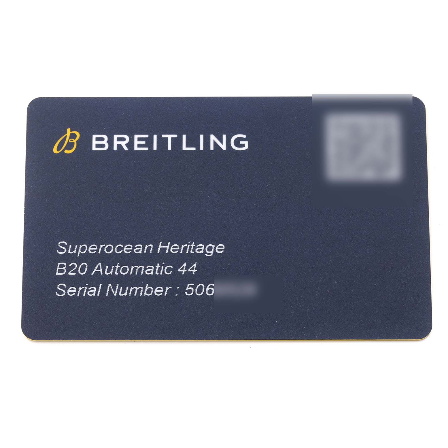This image shows a warranty card for the Breitling Superocean UB2030121B1A1 Men's Steel and Gold (two tone) Black Dial UB2030121B1A1 Men's Steel and Gold (two tone) Black Dial Heritage B20 Automatic 44 watch.