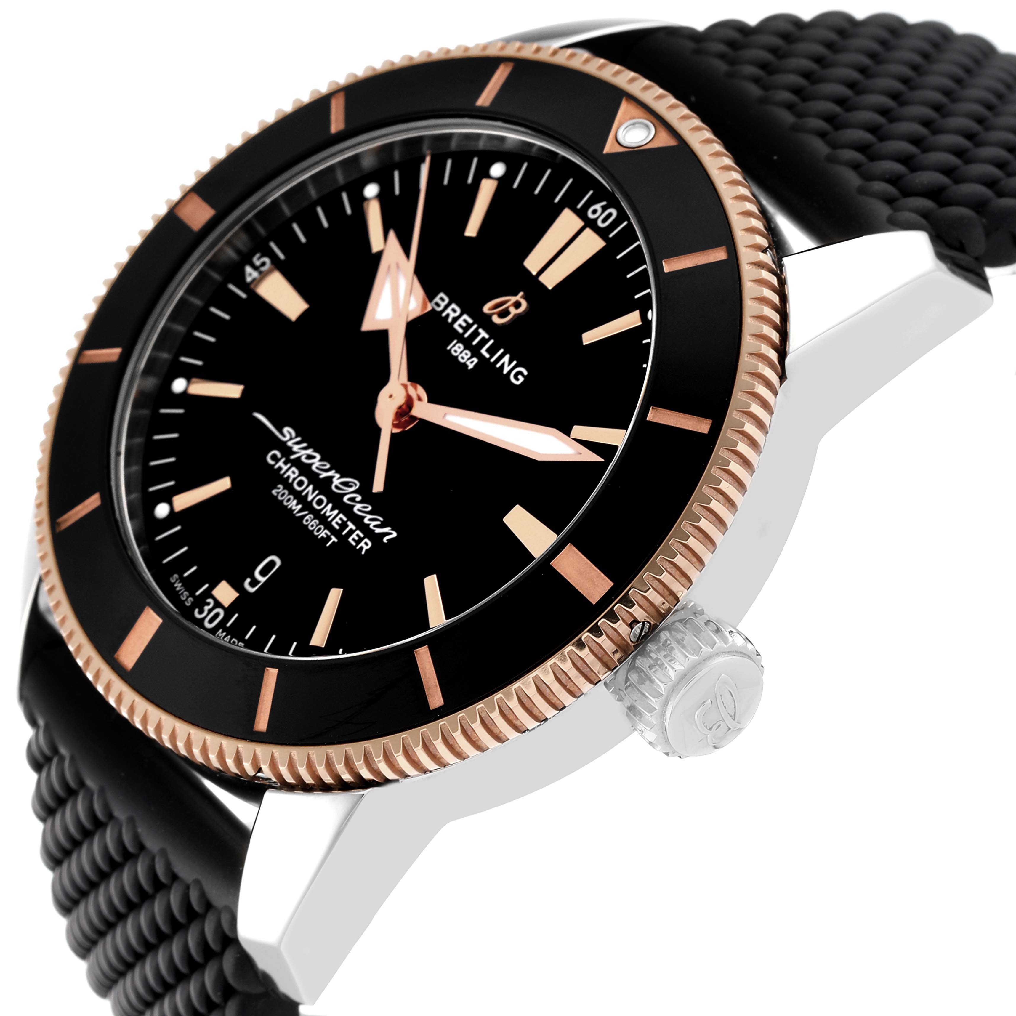 This Breitling Superocean UB2030121B1A1 Men's Steel and Gold (two tone) Black Dial UB2030121B1A1 Men's Steel and Gold (two tone) Black Dial watch image shows a close-up side angle, highlighting the bezel, crown, and part of the strap.