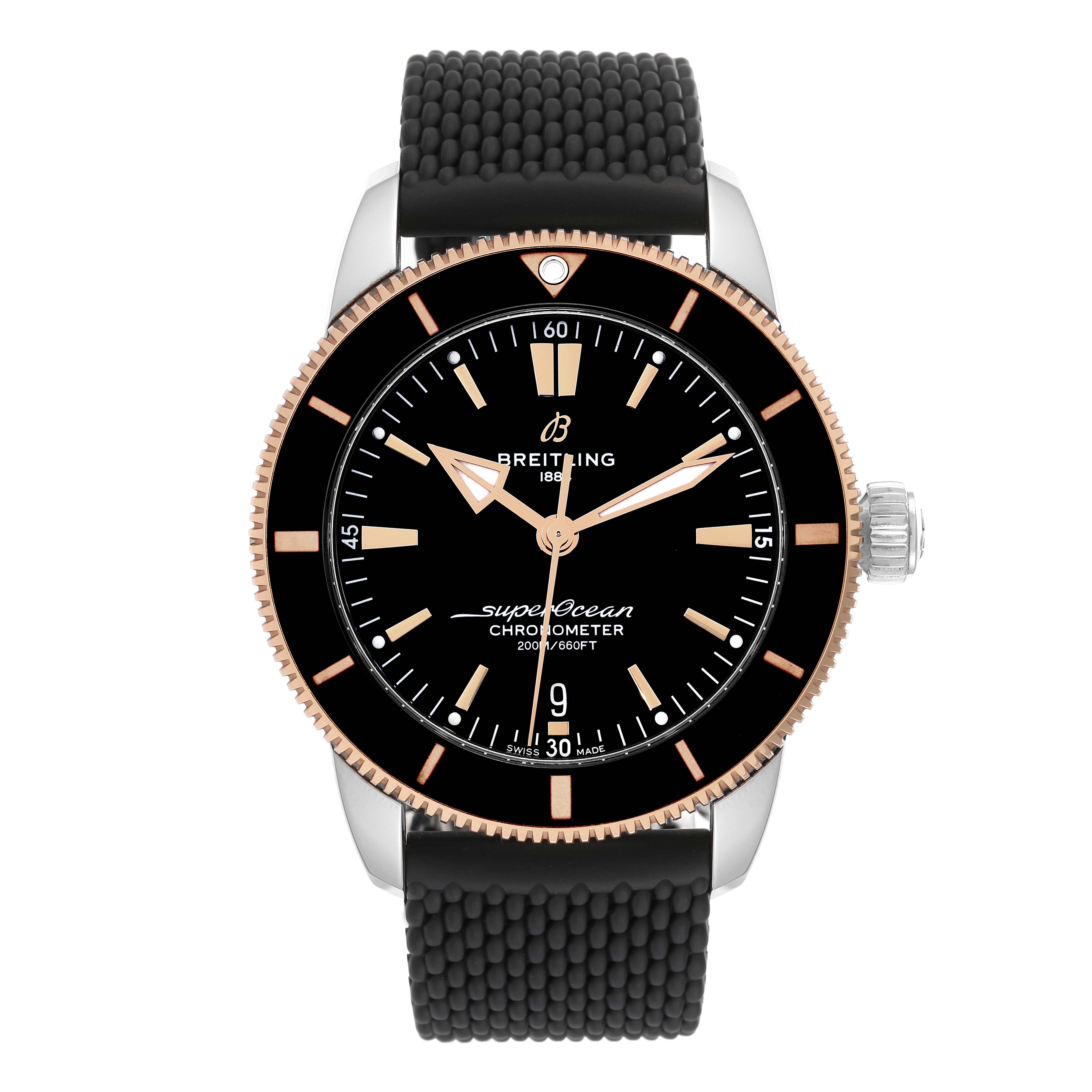 The image shows a front view of a Breitling Superocean UB2030121B1A1 Men's Steel and Gold (two tone) Black Dial UB2030121B1A1 Men's Steel and Gold (two tone) Black Dial watch with a black dial and strap, and a silver and gold bezel.