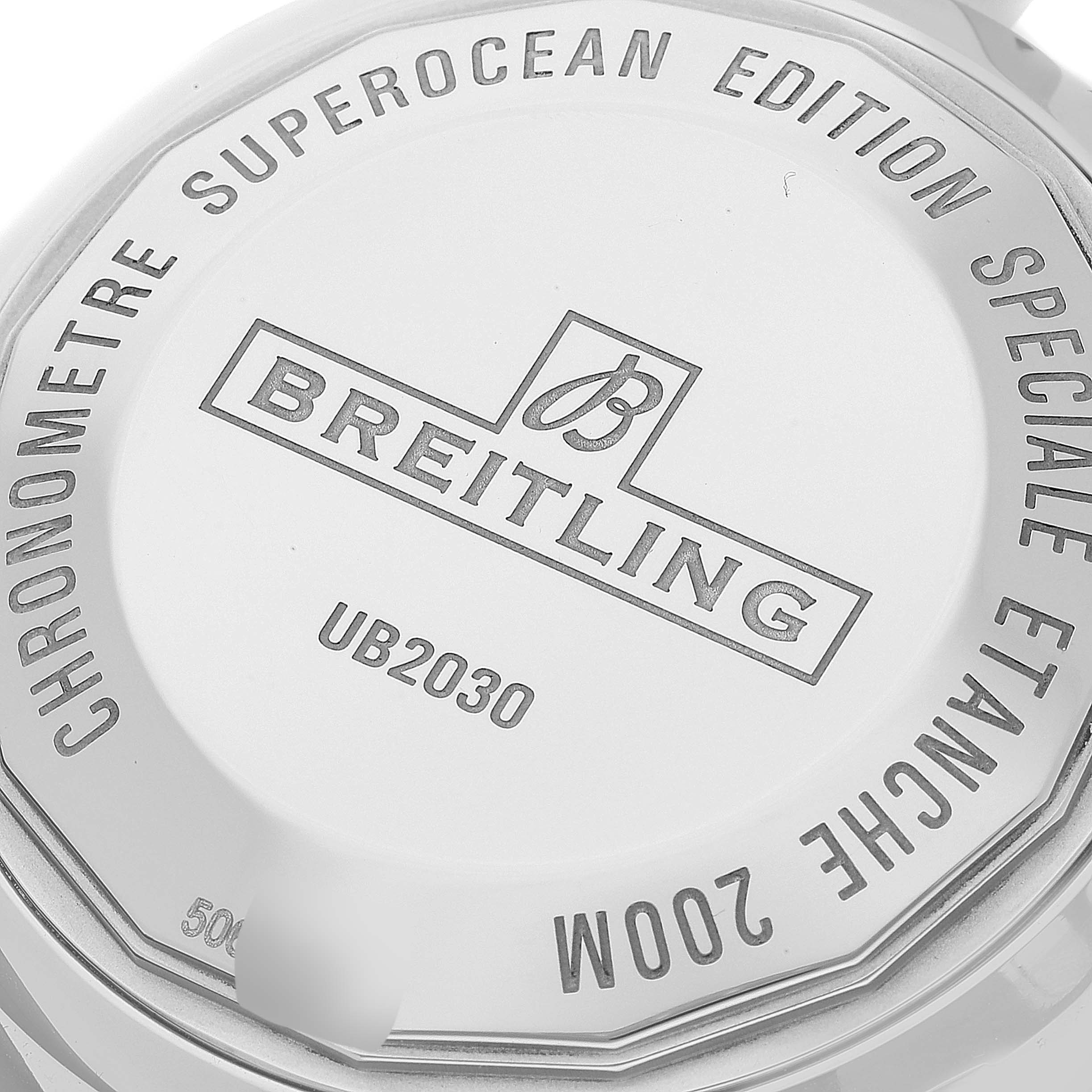 The image shows the back casing of a Breitling Superocean UB2030121B1A1 Men's Steel and Gold (two tone) Black Dial UB2030121B1A1 Men's Steel and Gold (two tone) Black Dial model.