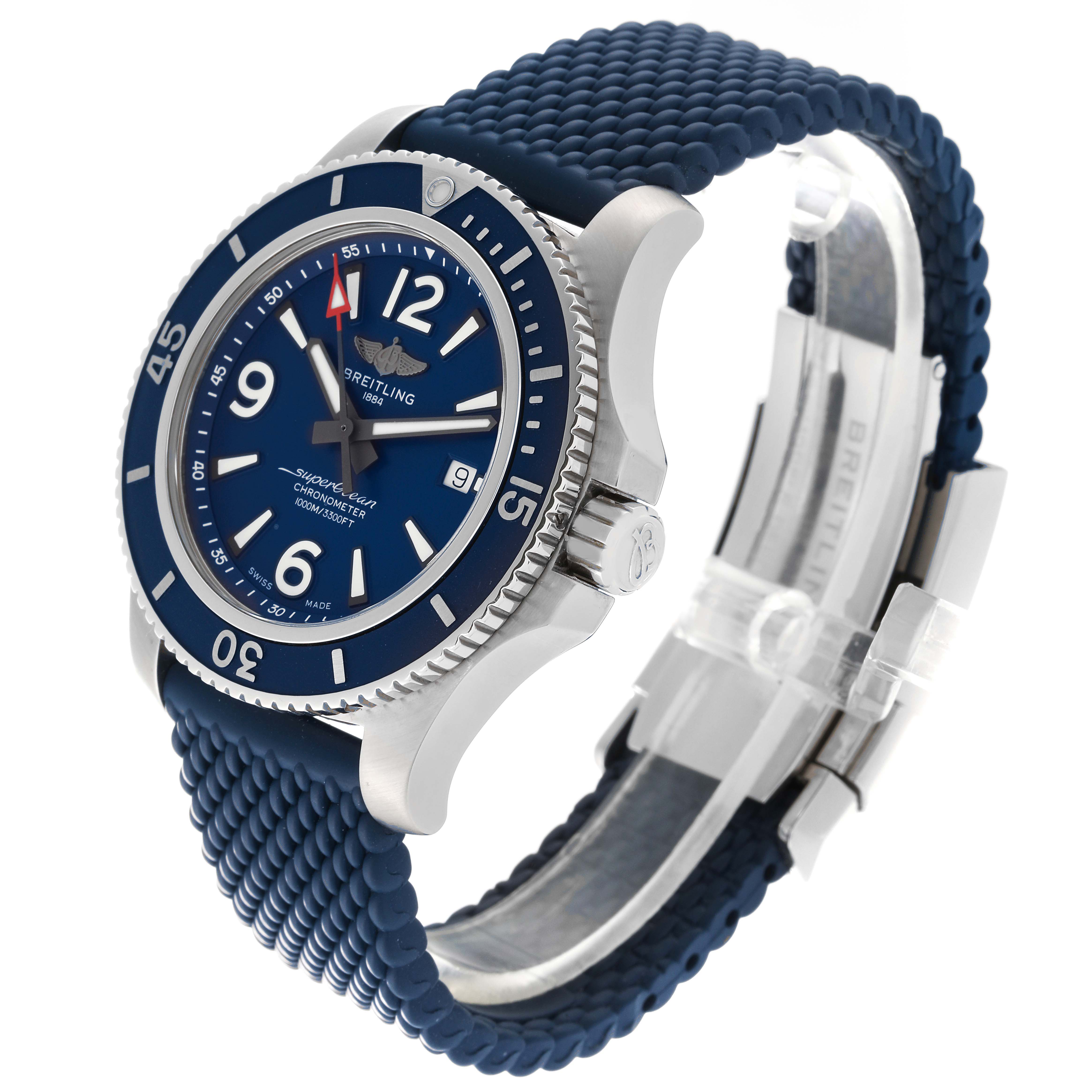 This is a Breitling Superocean A17367D81C1A1 Men's Stainless Steel Blue Dial A17367D81C1A1 Men's Stainless Steel Blue Dial watch shown at an oblique angle displaying the face, bezel, case, crown, and strap.