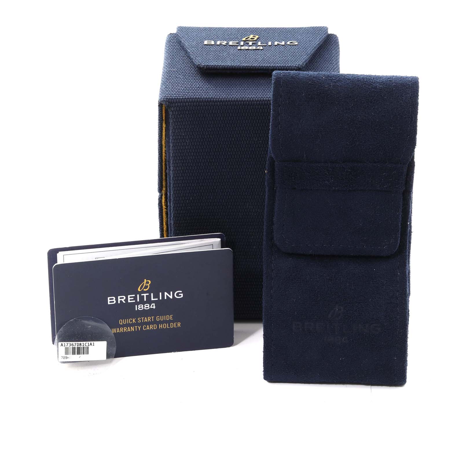 This image shows accessories for the Breitling Superocean A17367D81C1A1 Men's Stainless Steel Blue Dial A17367D81C1A1 Men's Stainless Steel Blue Dial watch, including a case, pouch, and warranty card holder.