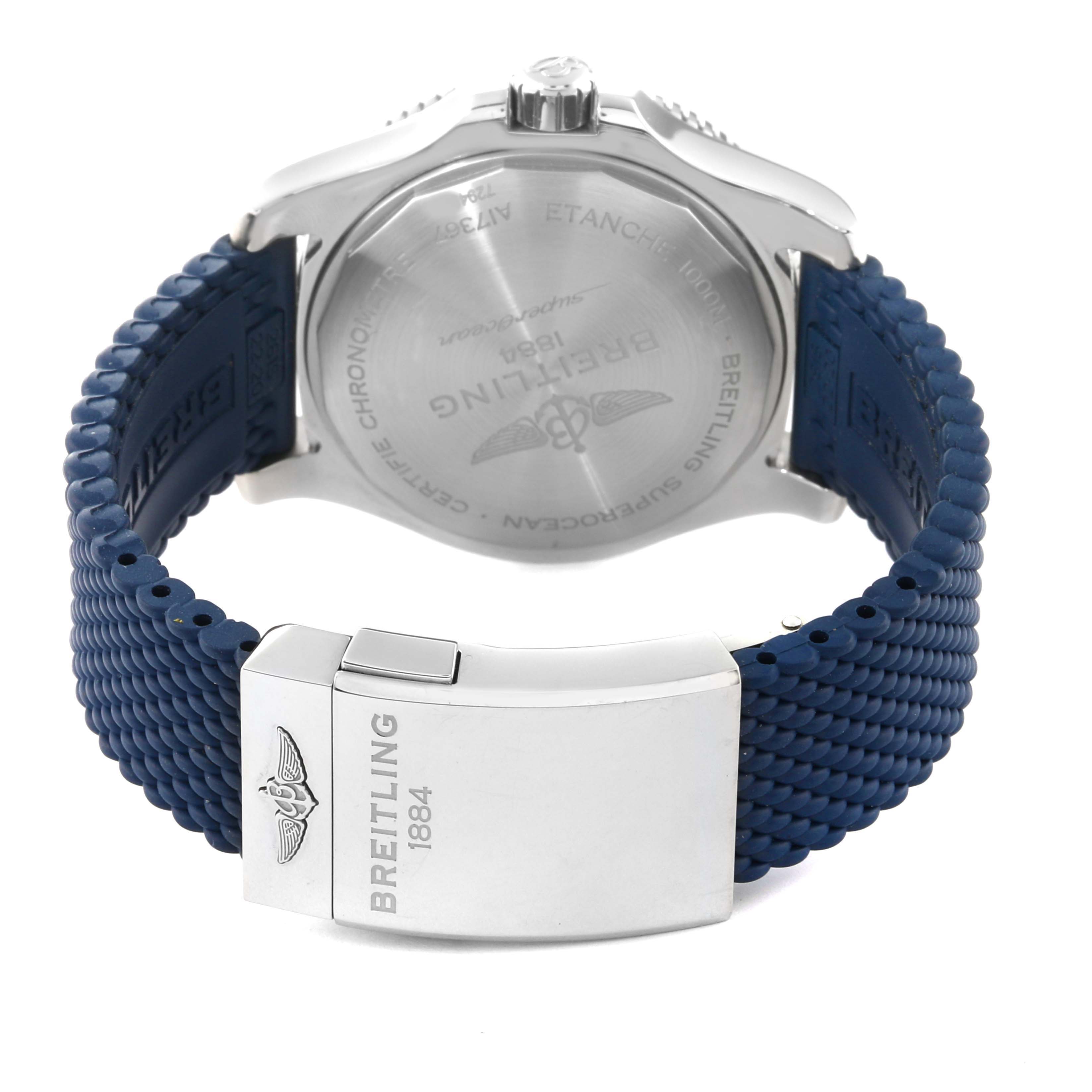 This image shows the back view of the Breitling Superocean A17367D81C1A1 Men's Stainless Steel Blue Dial A17367D81C1A1 Men's Stainless Steel Blue Dial watch with its clasp and blue strap visible.