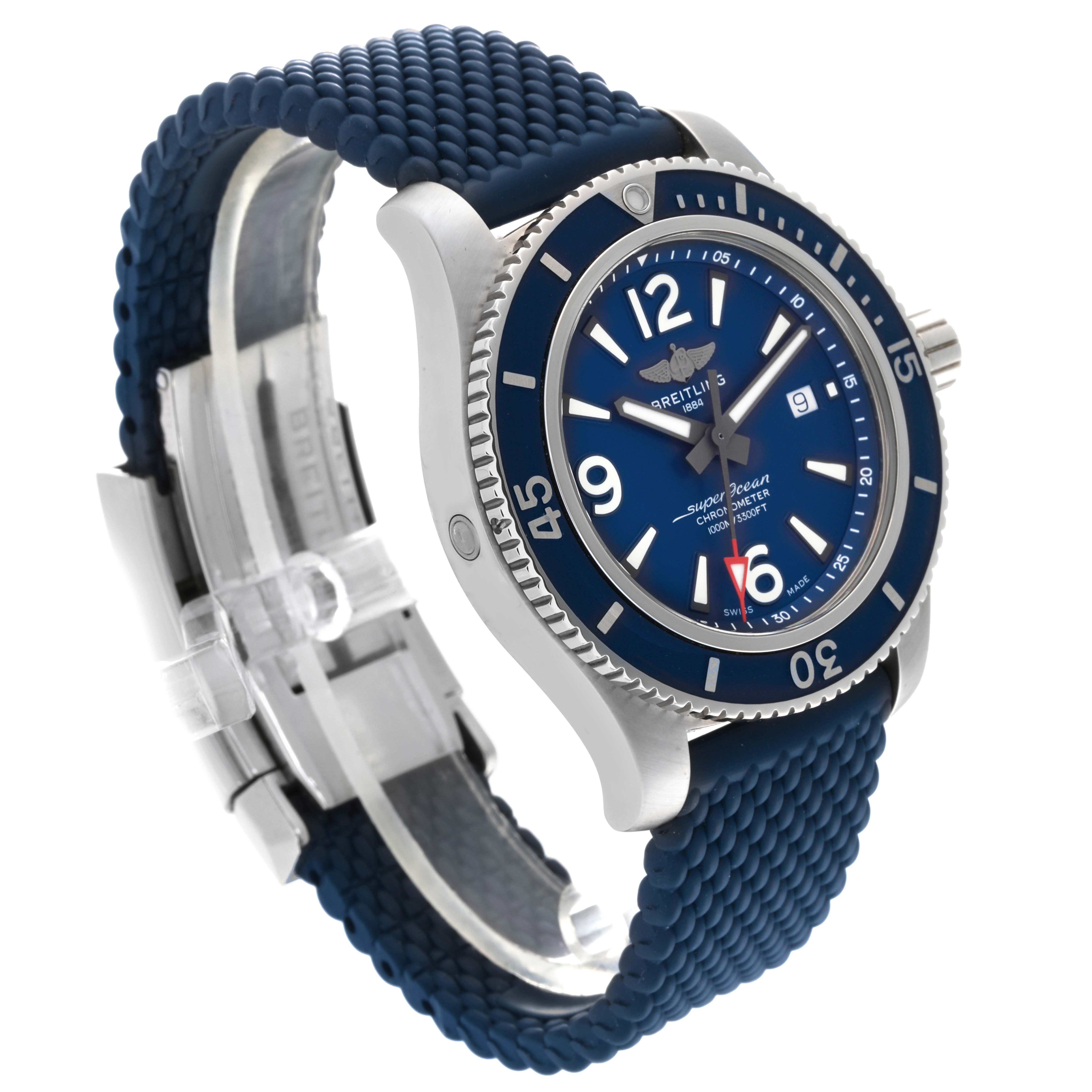 The Breitling Superocean A17367D81C1A1 Men's Stainless Steel Blue Dial A17367D81C1A1 Men's Stainless Steel Blue Dial watch is shown at a three-quarter angle, featuring its blue dial, unidirectional bezel, and textured blue strap.