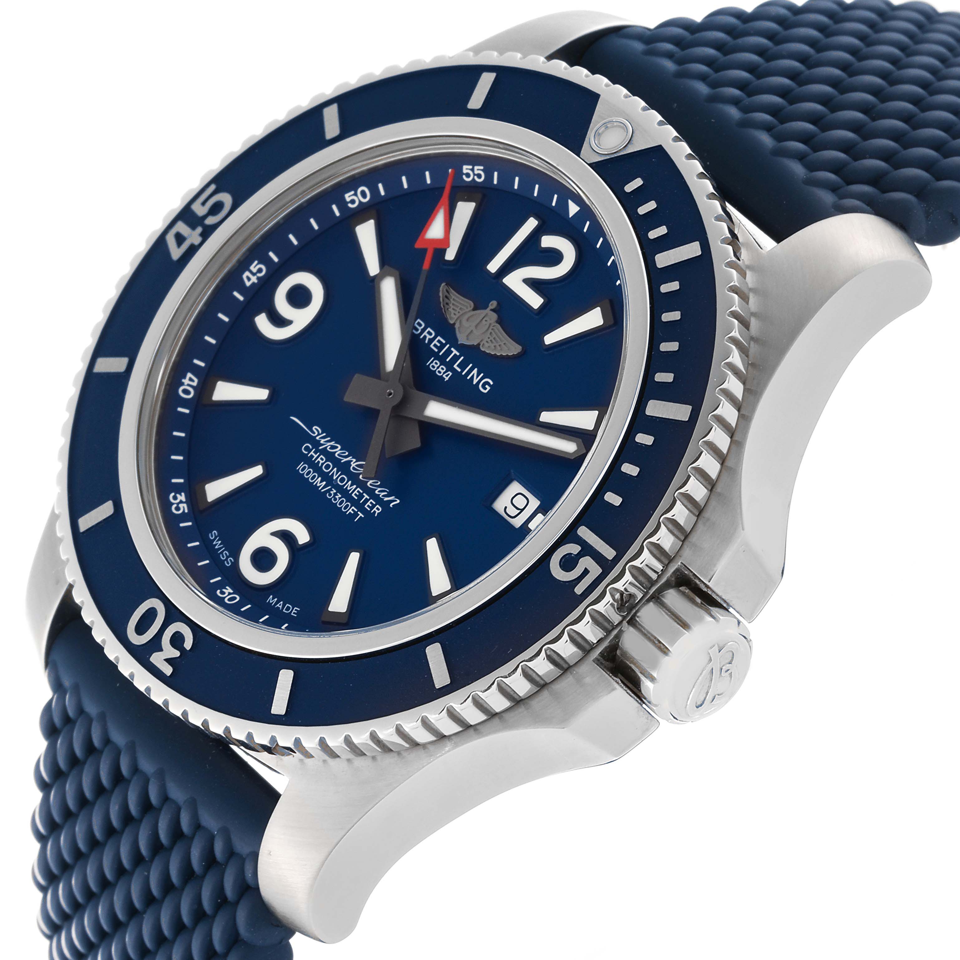The Breitling Superocean A17367D81C1A1 Men's Stainless Steel Blue Dial A17367D81C1A1 Men's Stainless Steel Blue Dial watch is shown at a slight angle, displaying its blue dial, bezel, and textured strap.