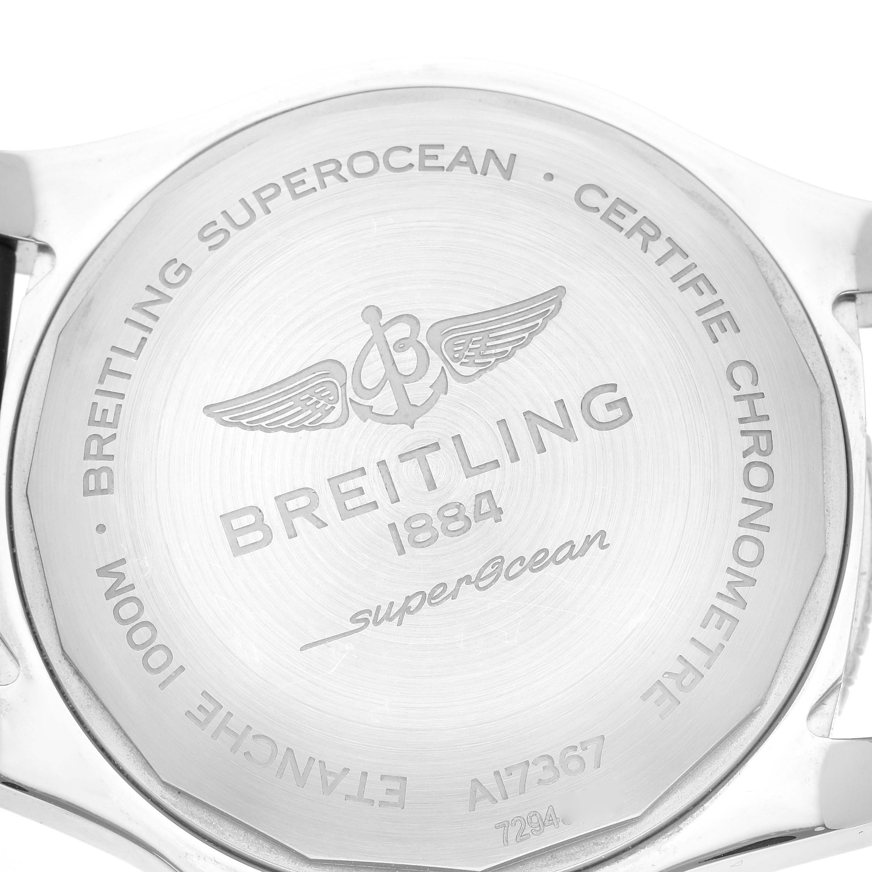 The image shows the case back of the Breitling Superocean A17367D81C1A1 Men's Stainless Steel Blue Dial A17367D81C1A1 Men's Stainless Steel Blue Dial watch, featuring the engraved brand, model, and specifications.