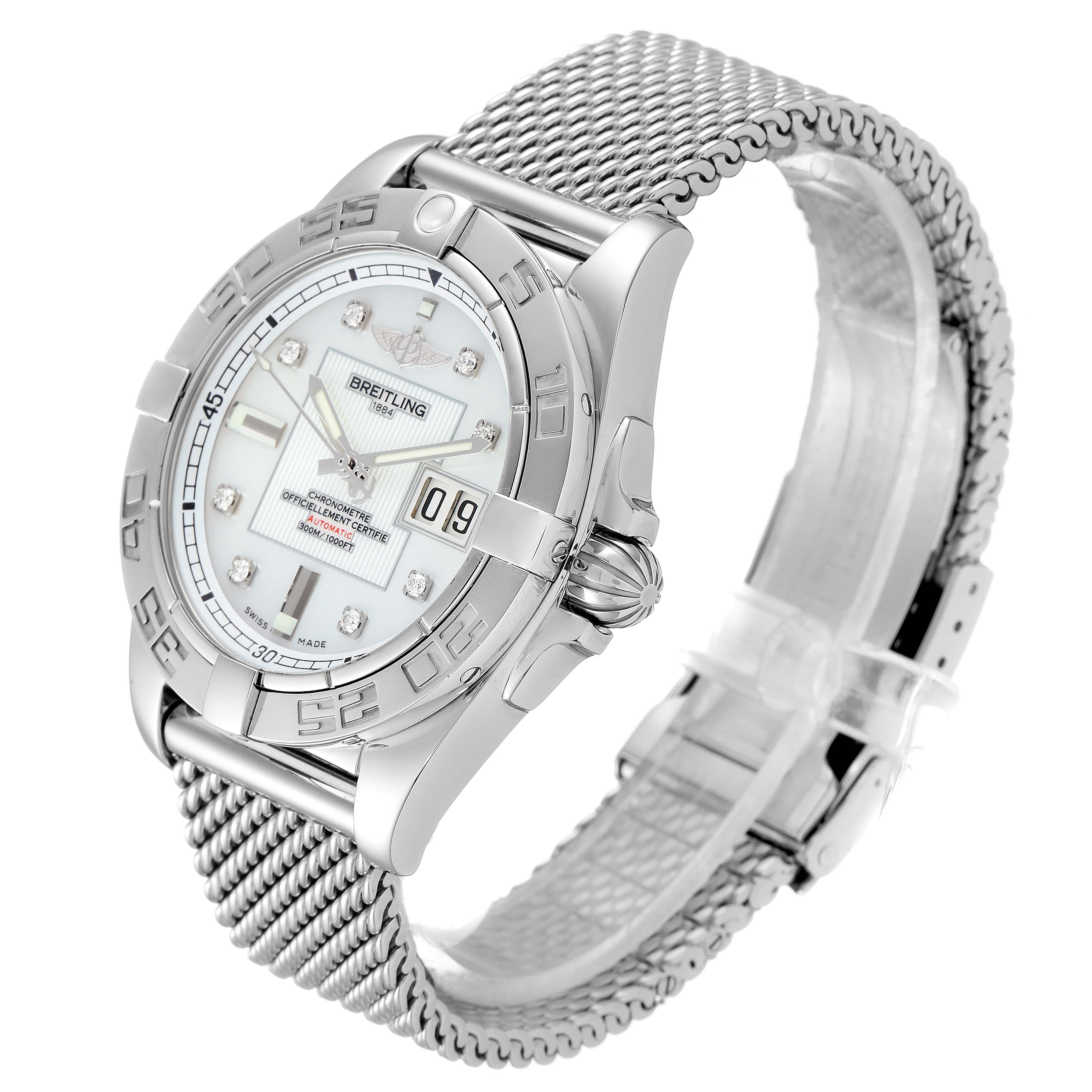 This picture shows a Breitling Windrider A49350LA/A702-366A Men's Stainless Steel Mother of Pearl Dial A49350LA/A702-366A Men's Stainless Steel Mother of Pearl Dial watch at a three-quarter angle, highlighting the dial, bezel, crown, and mesh strap.