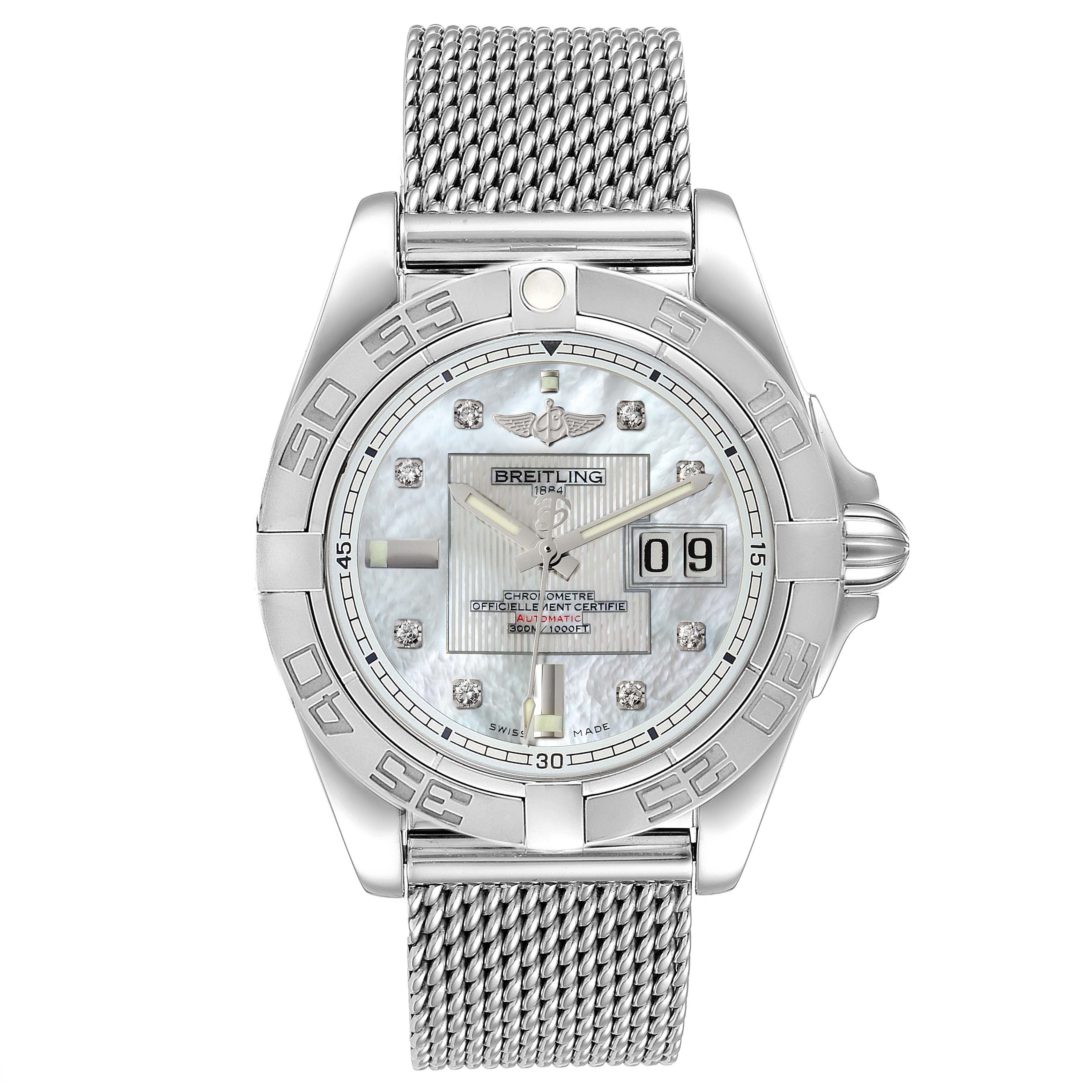 This image shows a frontal view of the Breitling Windrider A49350LA/A702-366A Men's Stainless Steel Mother of Pearl Dial A49350LA/A702-366A Men's Stainless Steel Mother of Pearl Dial watch, featuring the dial, bezel, and mesh strap.